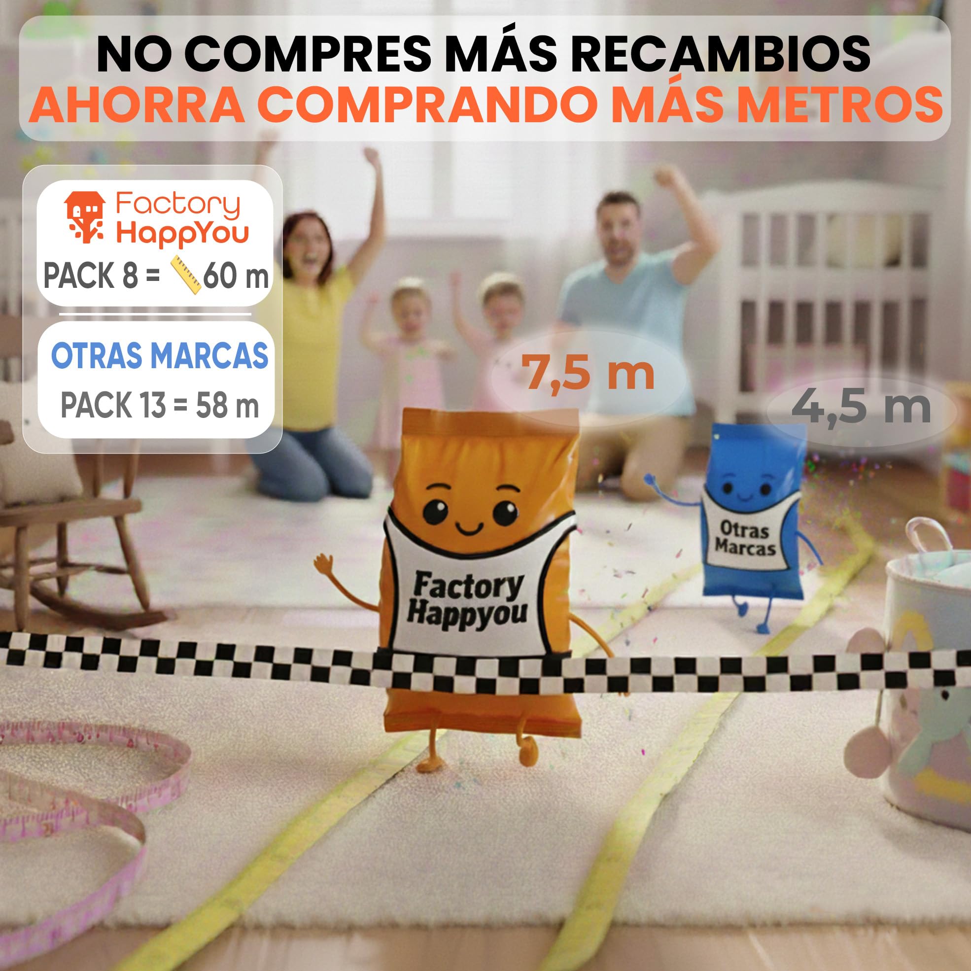 Factory HappyYou® – Pack 8 XXL Compatible con Angelcare y Tommee Tippee, entre otros muchos. Recambio -para Papelera Pañales Bebe - Contenedor Pañales – Escudo Antilolor – 7,5 metros por recambio