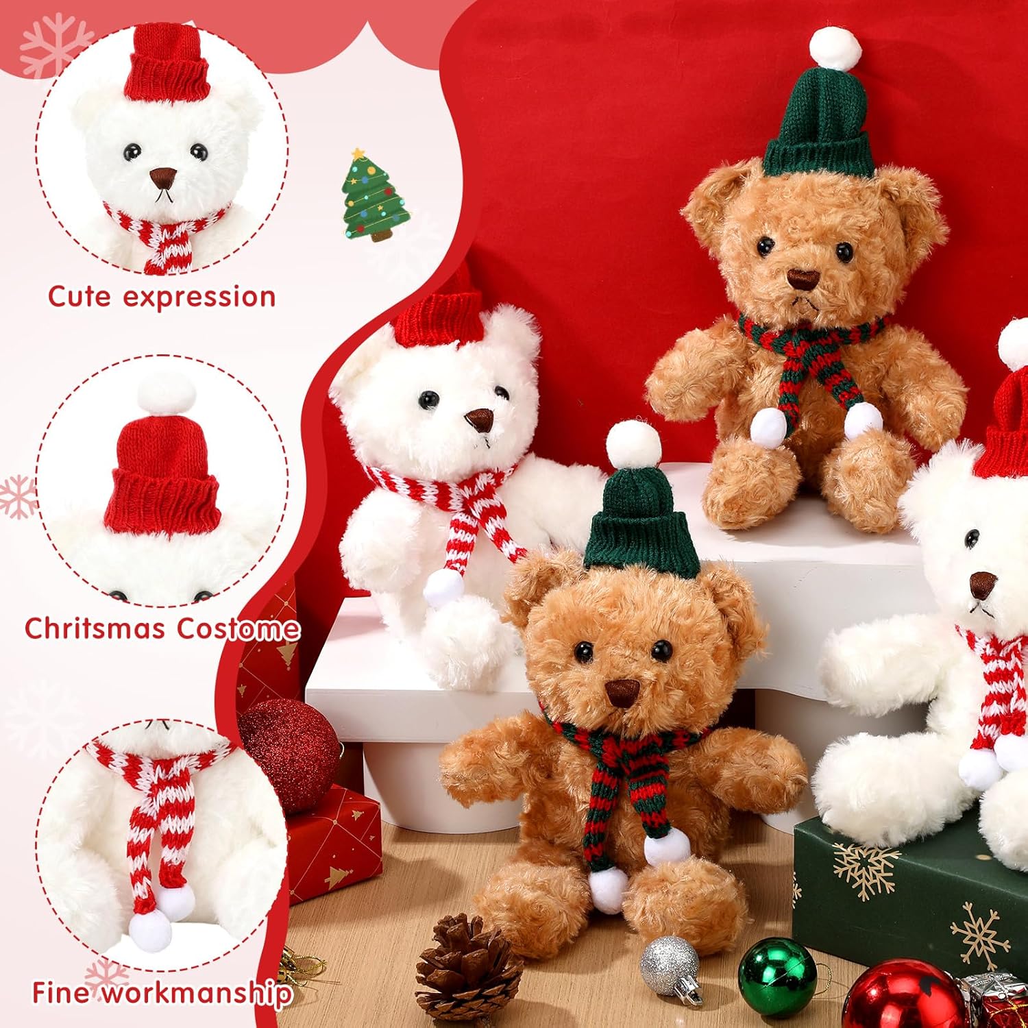 Hungdao 12 Pcs Christmas Bear Stuffed Animal Plush Toys Bulk 9.84 Inch Small Cute Bear with Hat Scarf Adult Gifts for Christmas Birthday Party