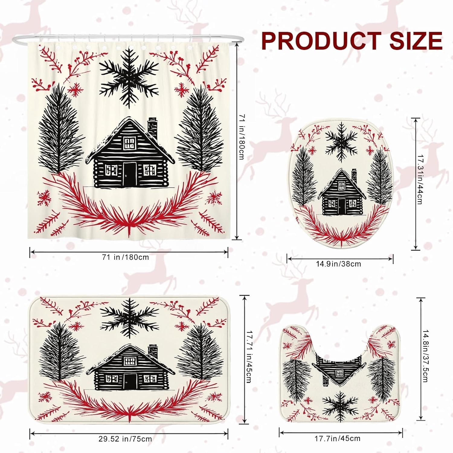 4PCS Winter Farmhouse Christmas Bathroom Sets with Non-Slip Rug, U Shape Toilet Lid Cover Mat, Aesthetic Retro Xmas Country Bathroom Decoration 72''x72''