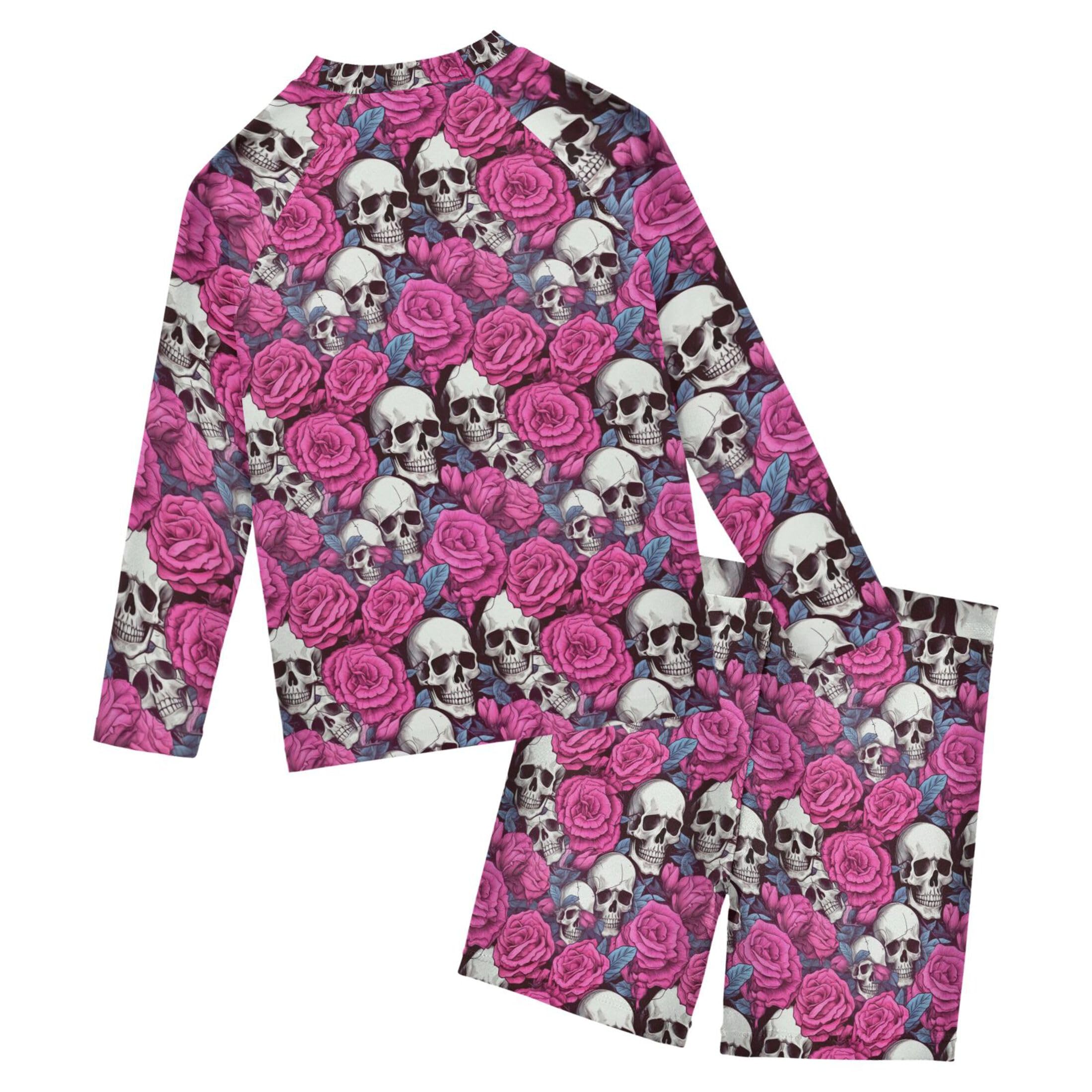 Sugar Skull Skeleton Flowers Toddler Boys' 2-Piece Swimsuit Trunk, Long Sleeve Rashguard Bathing Suit B0402995