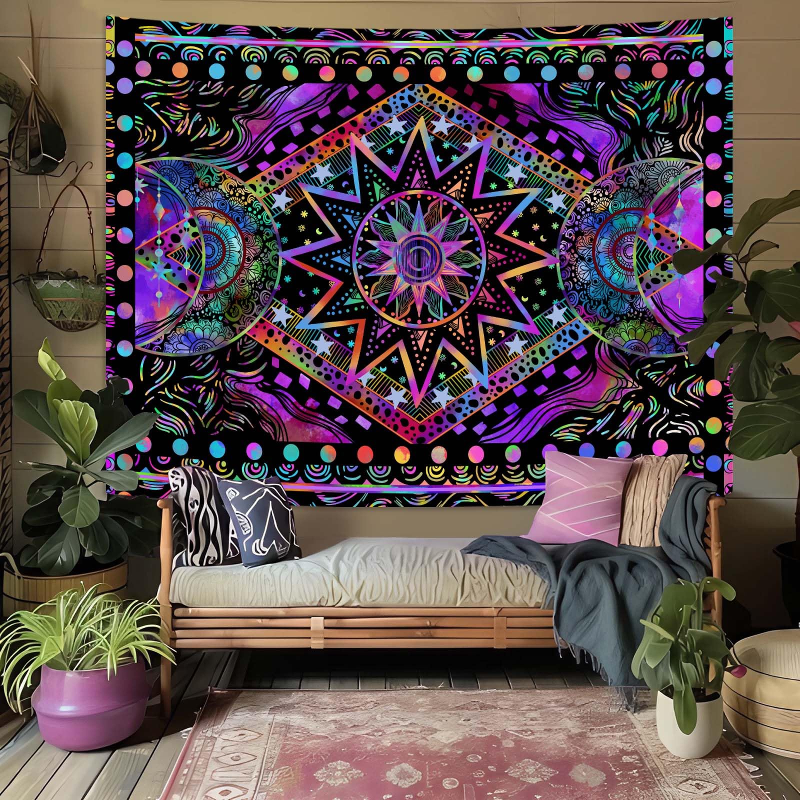 Blacklight Sun and Moon Tapestry Glow in The Dark Neon Hippie Bohemian Tapestries for Bedroom Aesthetic UV Reactive Purple Celestial Tie Dye Tapestry Wall Hanging for Living Room Dorm (80'' × 60''): Purple 90"L x 68"W