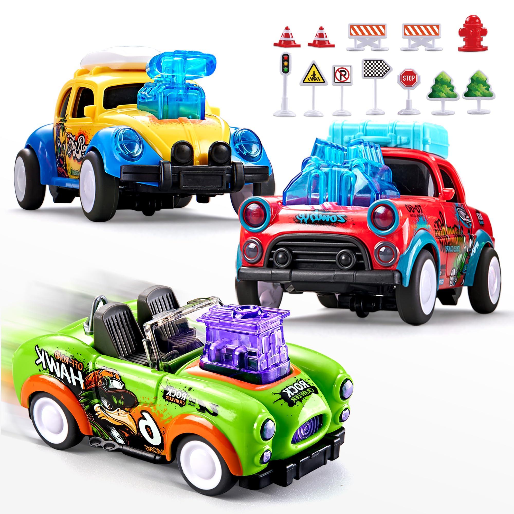 3 Pack Toddler Car Toys with 12PCS Accessories, Pull Back Friction Monster Trucks, 1st Birthday Gift for Boys