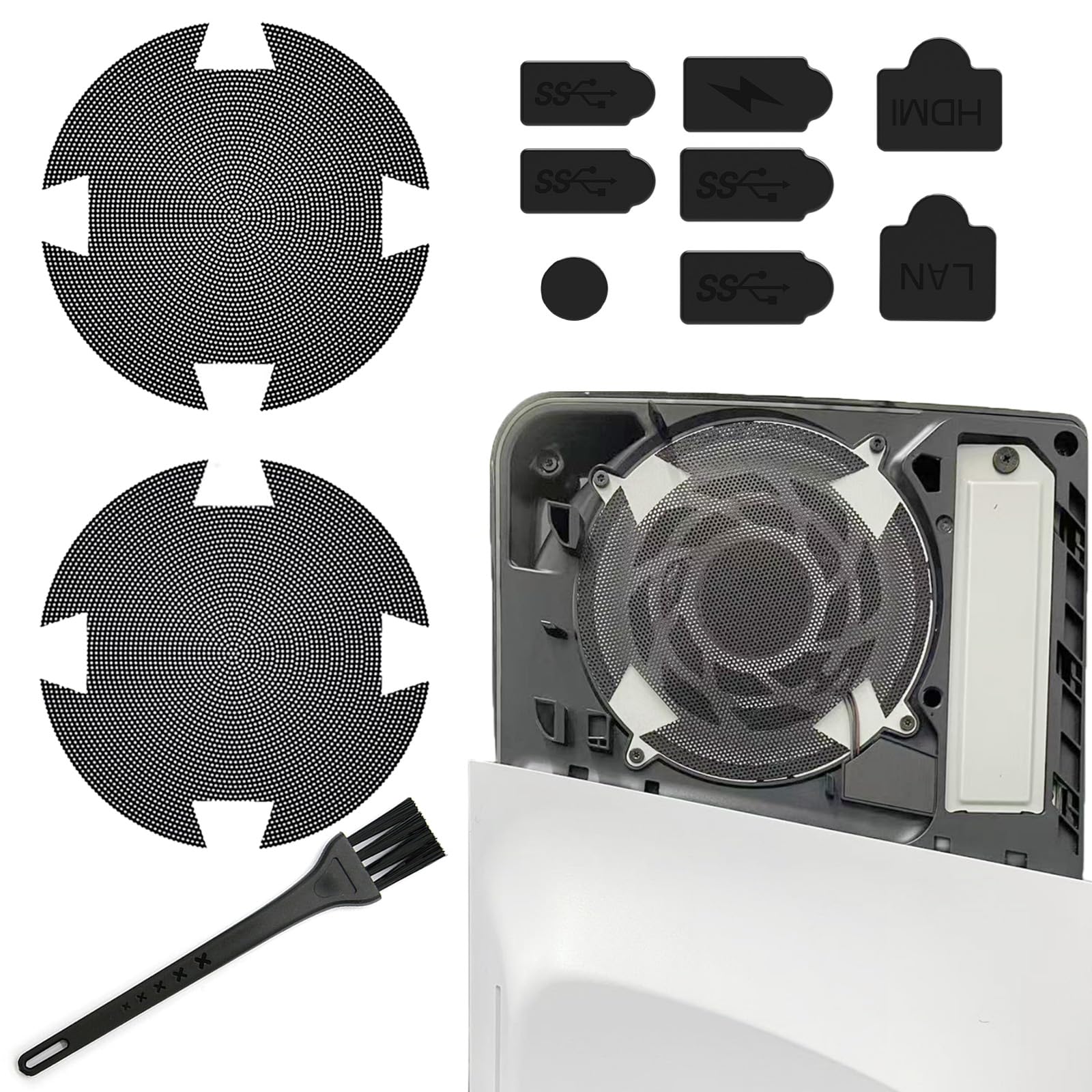 Dust Protector Cover Kit Compatible with PS5 Pro&Slim- 2 Shield-Shaped Fan Dust Nets +1 Cleaning Brush +8 Dust Plugs,High-Density Breathable Mesh Dust Filter Replacement for PS5 Digital & Disc Edition(S11)