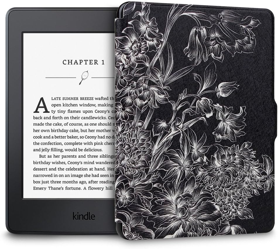 Walnew Kindle 7th Gen Colorful Painting Case - The Thinnest and Lightest Leather Cover for Amazon Kindle (With 6 Glare-free Touchscreen Display, 2014 Released), with Auto Sleep/ Wake Function (Black Flower)