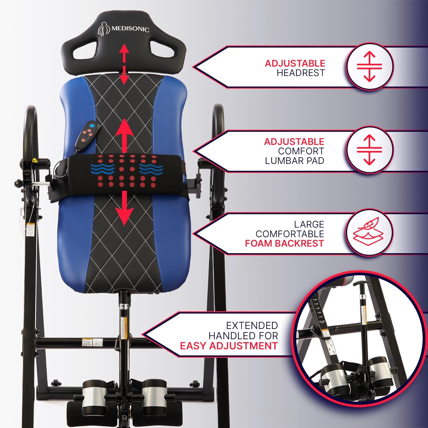 Pro Inversion Table with Adjustable Heat & Vibrating Massage Lumbar Pad, Diamond-Stitched Comfort Backrest, Multiple Inversion Angles, 300 lb Capacity, Home Use, Blue