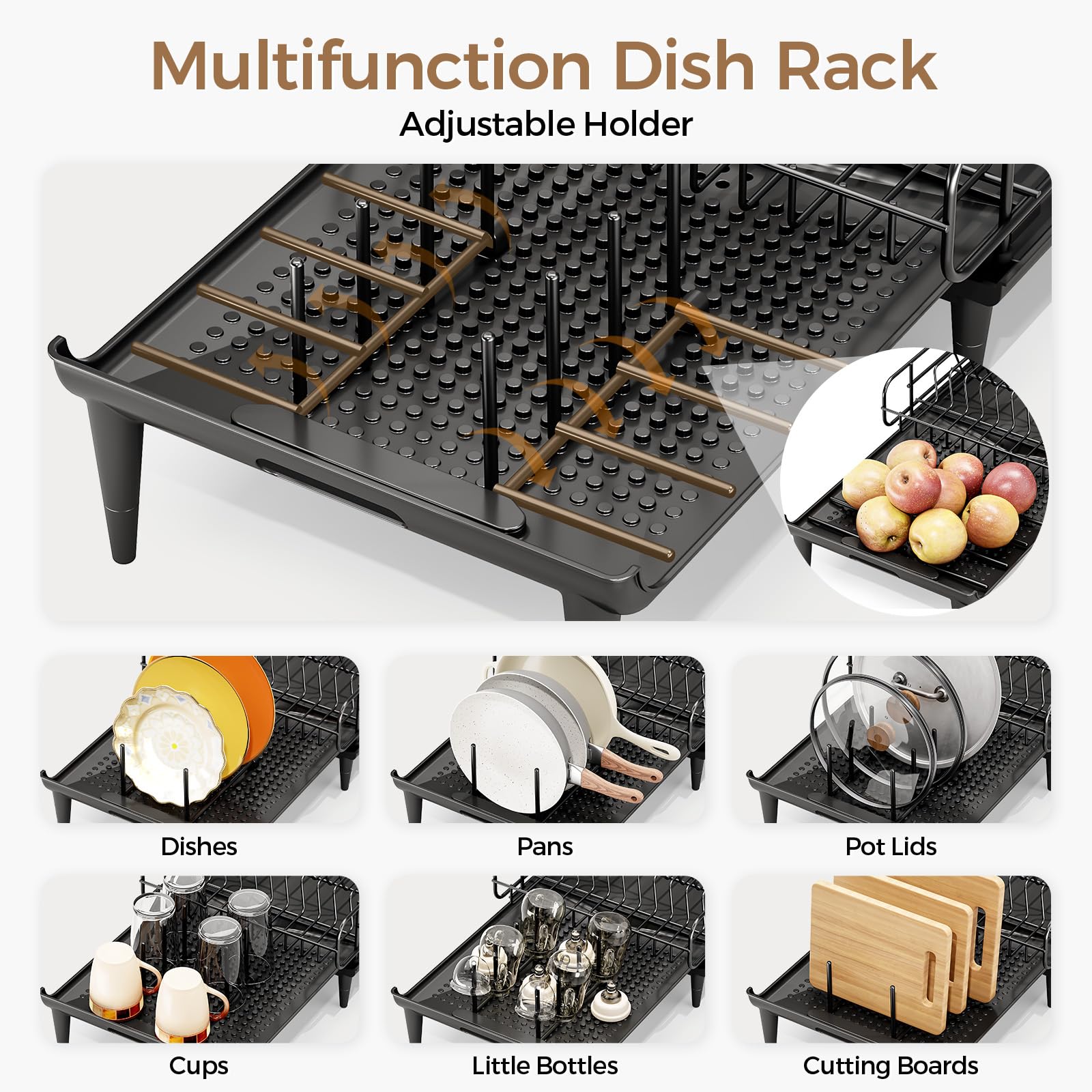 kingrack Égouttoir à Vaisselle Extensible - Égouttoir à Vaisselle Pliable pour compteurs de Cuisine - en Acier Inoxydable - avec Porte-Couverts - Noir