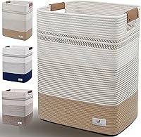 AINUOQI Large 85L Laundry Hamper Basket with Leather Handles - Cotton Rope Woven, Jute & White Decorative Storage for Clothes, Blankets, Living Room