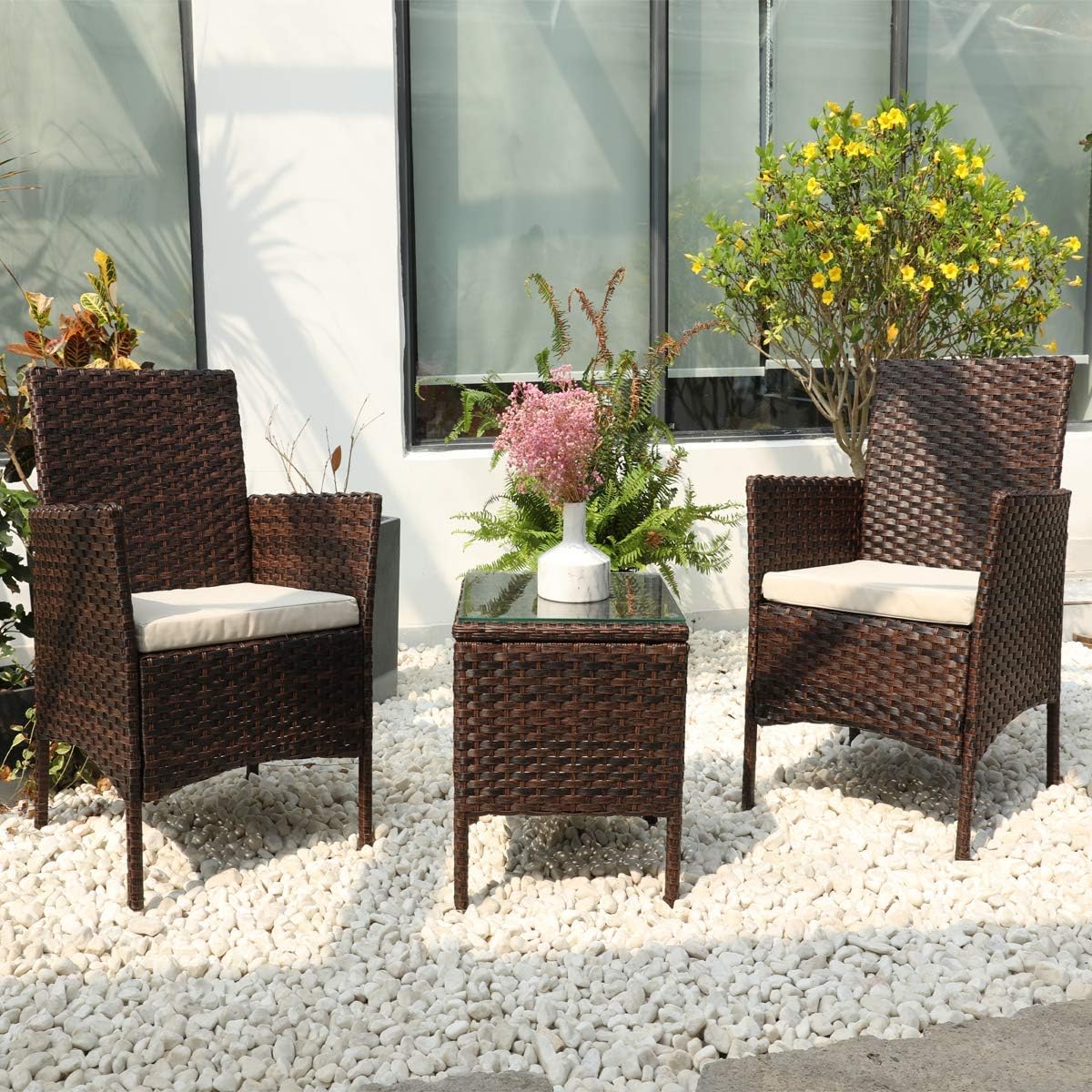 Patio Bistro Set Rattan Outdoor Furniture Wicker Chairs and Glass Table Terrace Garden Poolside Outdoor Furniture (Brown)