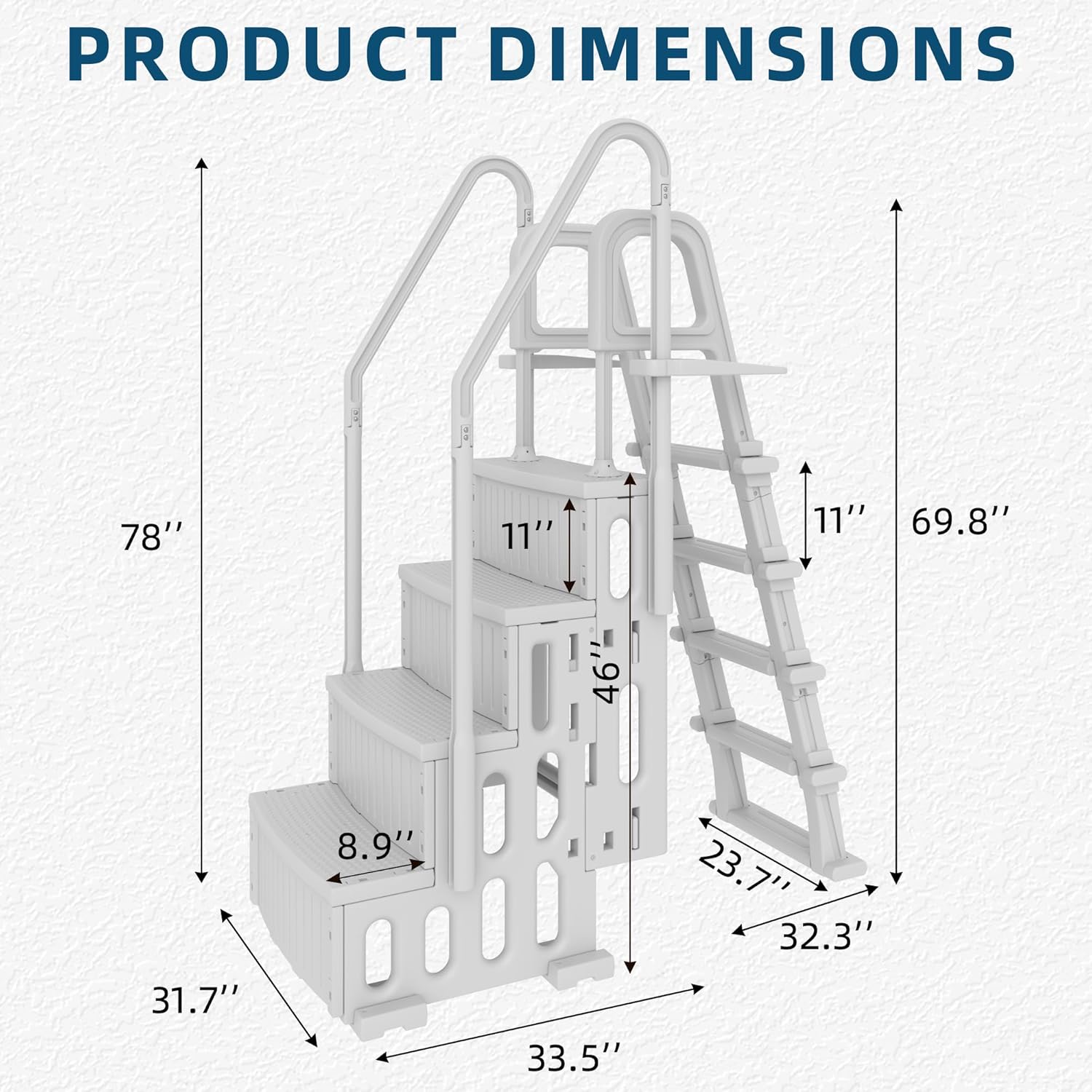 Pool Ladder, A Frame Adjustable Pool Step with Double Handrails and Non-Slip Steps for 48”-54” Above Ground and In-Ground Pools, White