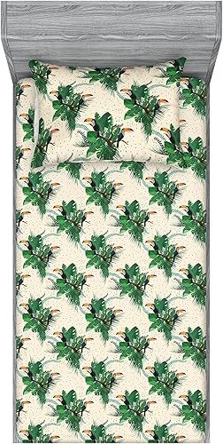 Miniatura 48 de Ambesonne Geometric Fitted Sheet & Pillow Sham Set, Minimalist Vibe Retro Pattern of Waves and Circles Scandinavian, Decorative Printed 3 Piece Pale