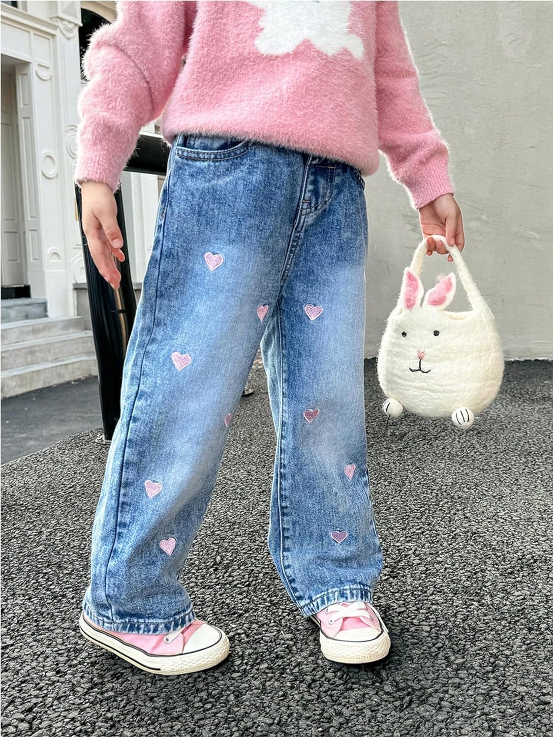 GORGLITTER Girl's Baggy Jeans Denim High Waisted Heart Graphic Print Straight Wide Leg Cargo Joggers Pants