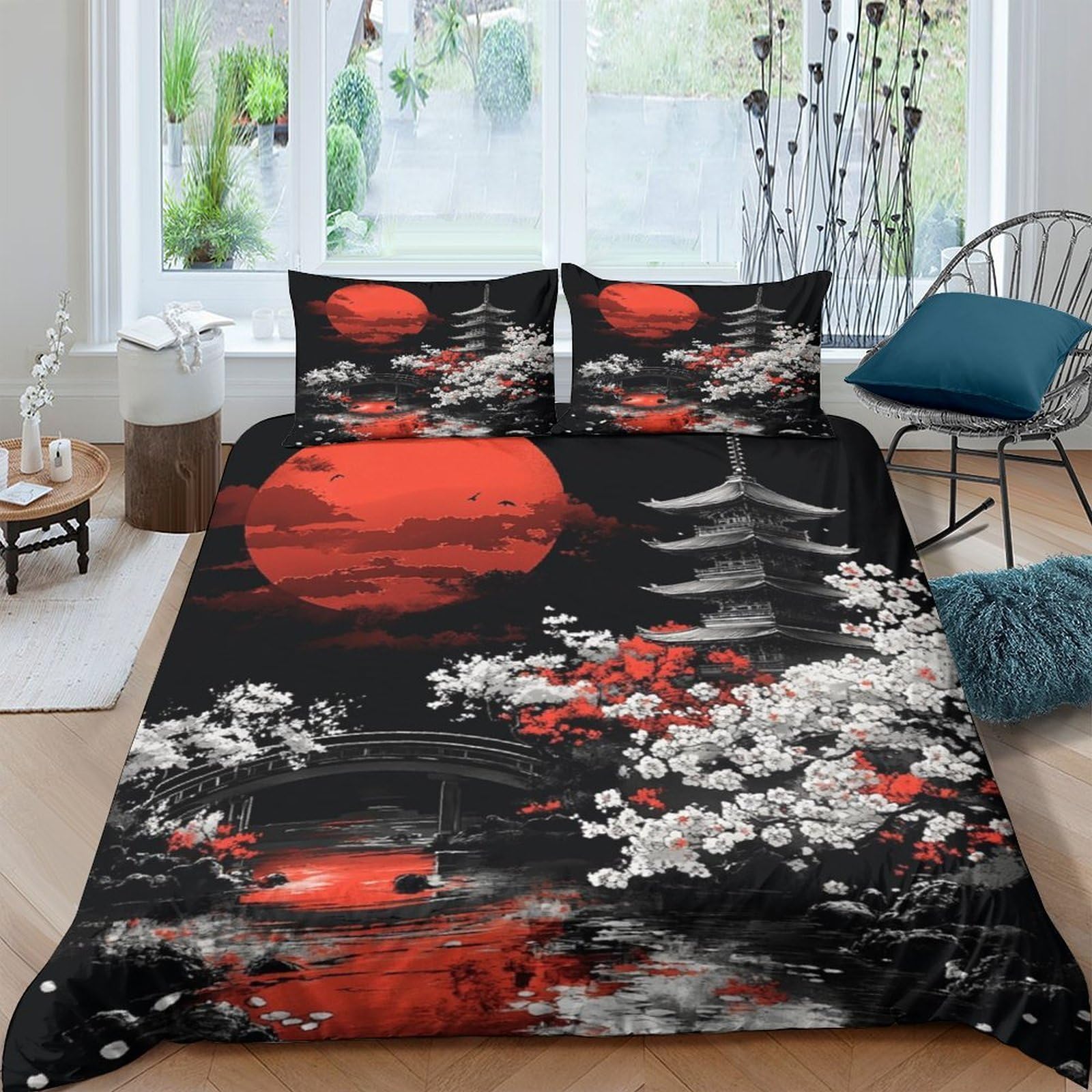 Ctjqhvkz Style-7 3D Printed Japanese Red Sun Fitted Sheet Microfiber Pagoda Blossom Mattress Cover For Bedroom Dorm Decor Single（135X200cm）