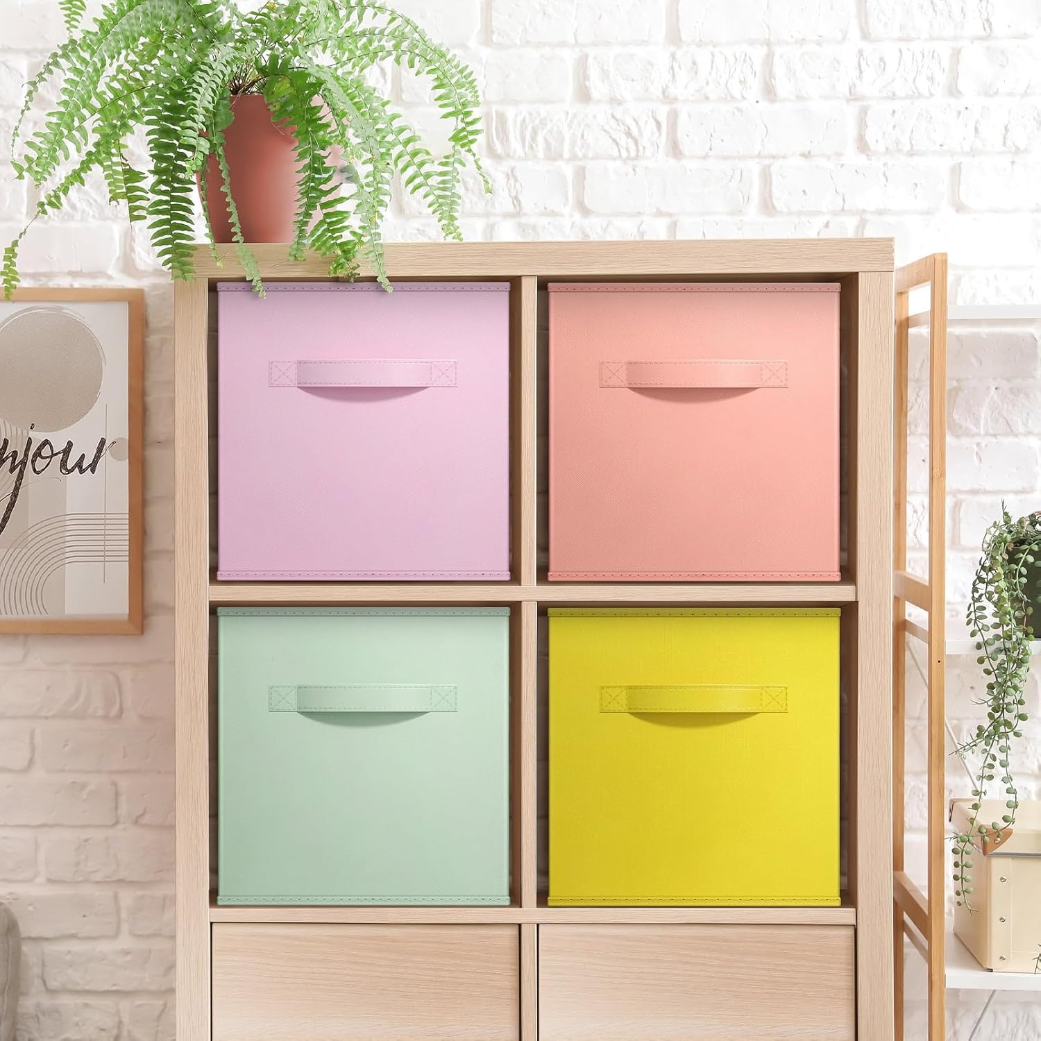 Collapsible Cube Fabric Storage Bins, 10" x 10", 4 Pack – Pastel Colors Foldable Canvas Organizer Baskets with Handles, Lightweight Square Bins for Shelves, Closet, Toys, Books, Blankets