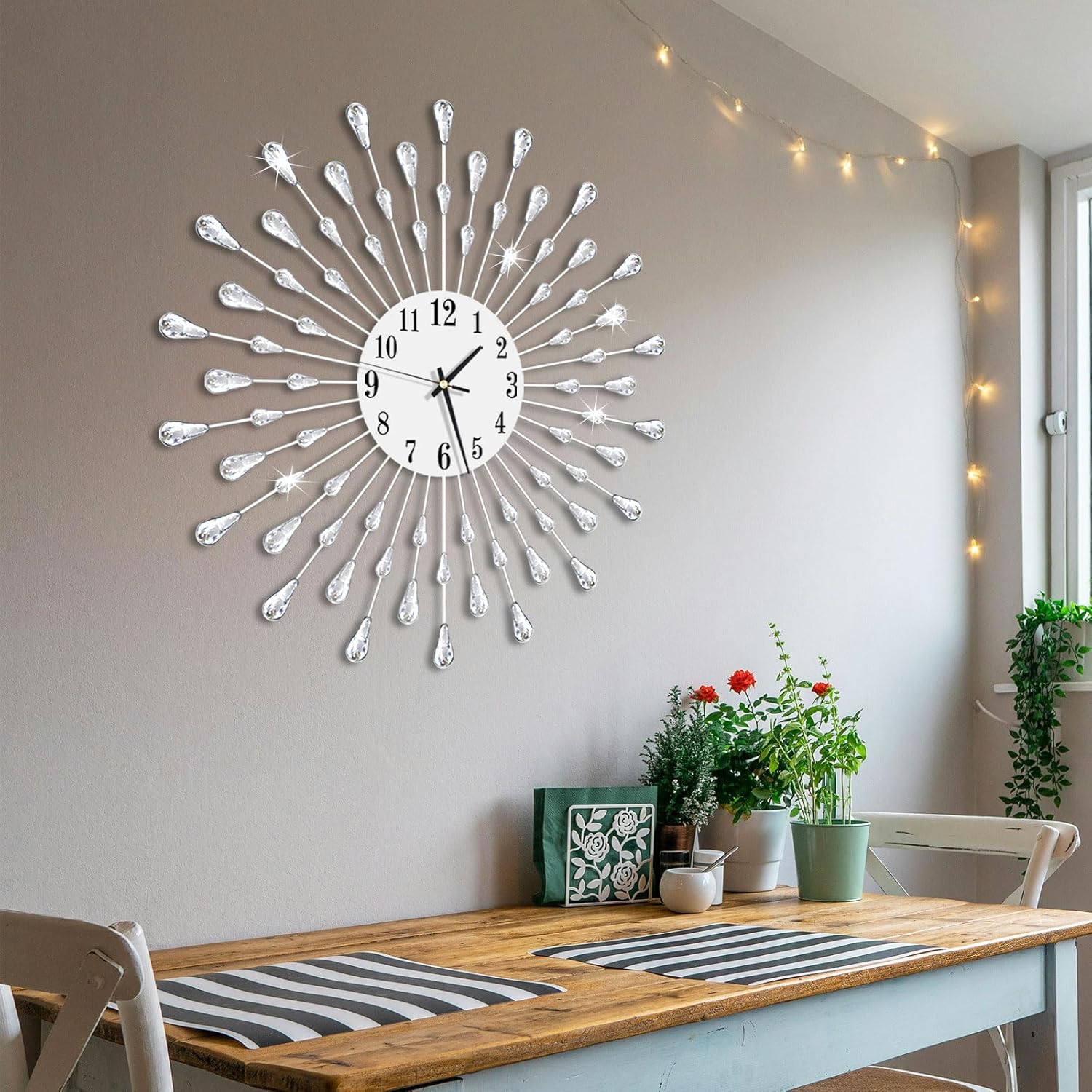 Large Wall Clock Metal Decorative Wall Clocks Silent Non-Ticking,Bling Shining Modern Art Starburst Big Wall Clocks for Living Room Bedroom Dining Room Kitchen Decor,Dia 19.7 Inch Silver