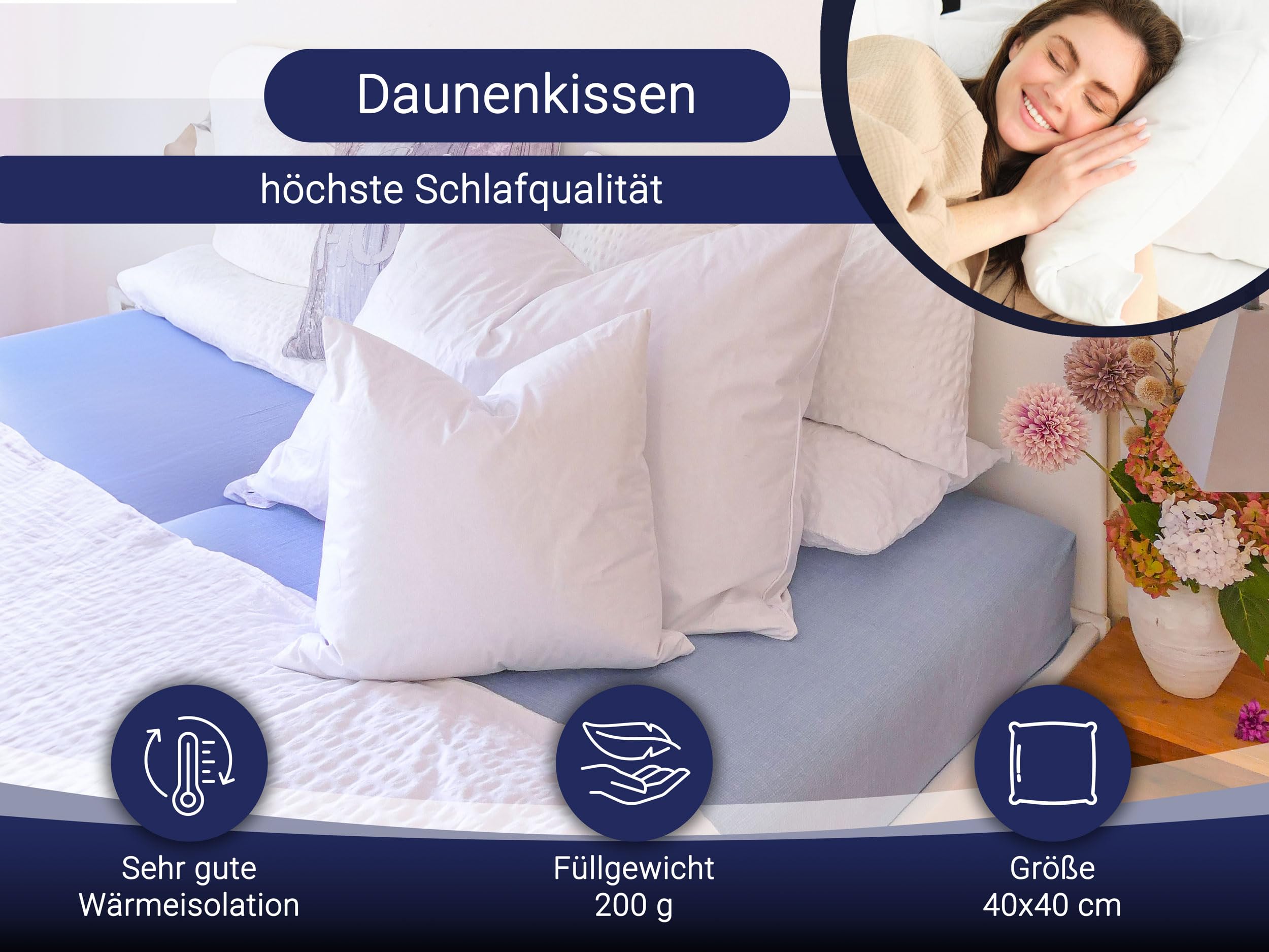 ZOLLNER Deluxe Daunenkissen - Made in Germany – für Allergiker geeignet – Bezug aus hochwertiger Mako Baumwolle - waschbar bis 60°C - 40x40 cm - Hotelqualität