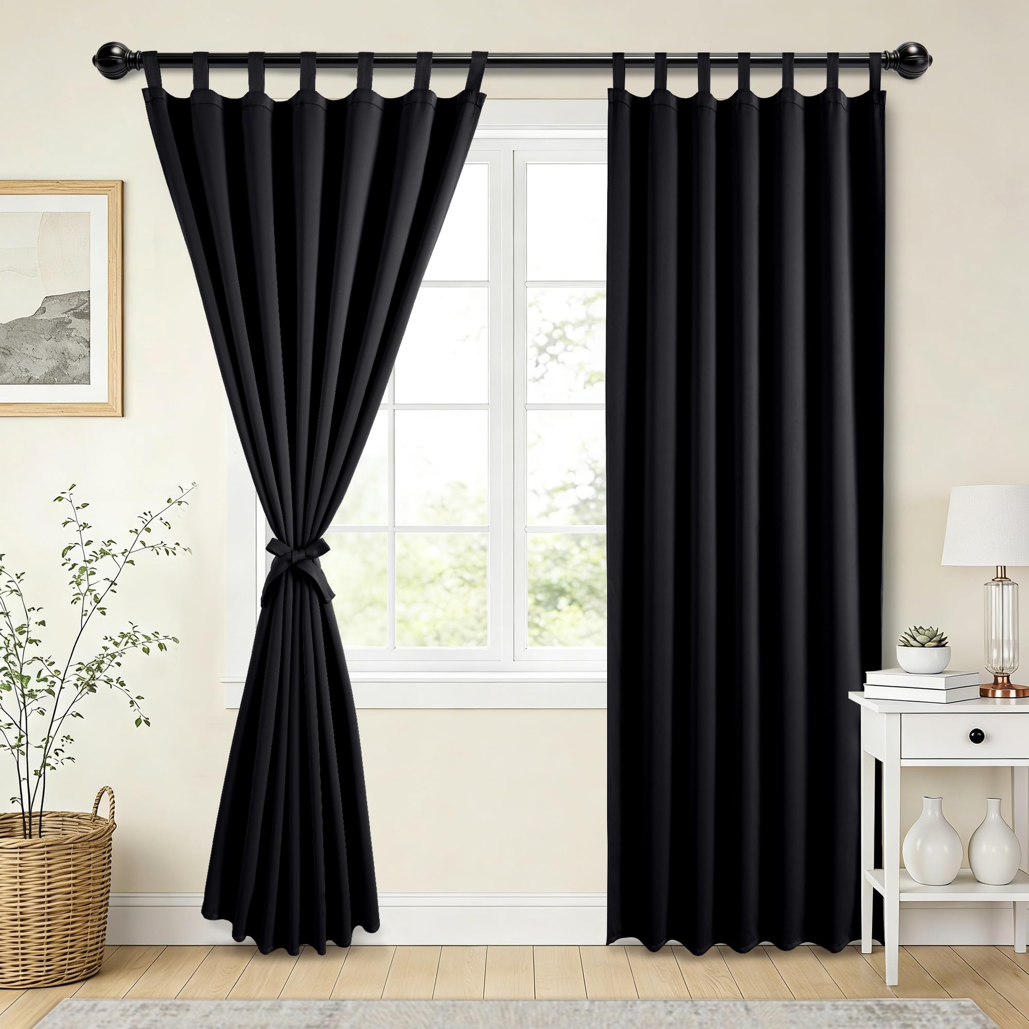 XWZO Verdunklungsvorhänge Schlaufenschal 2er Set Schlaufen Gardinen Tab Top Blickdichte Vorhänge mit Raffhalter für Schlafzimmer,Wonhzimmer,Büro,Schwarz,H260cm x B140cm,2Stücke(W55 X L102)