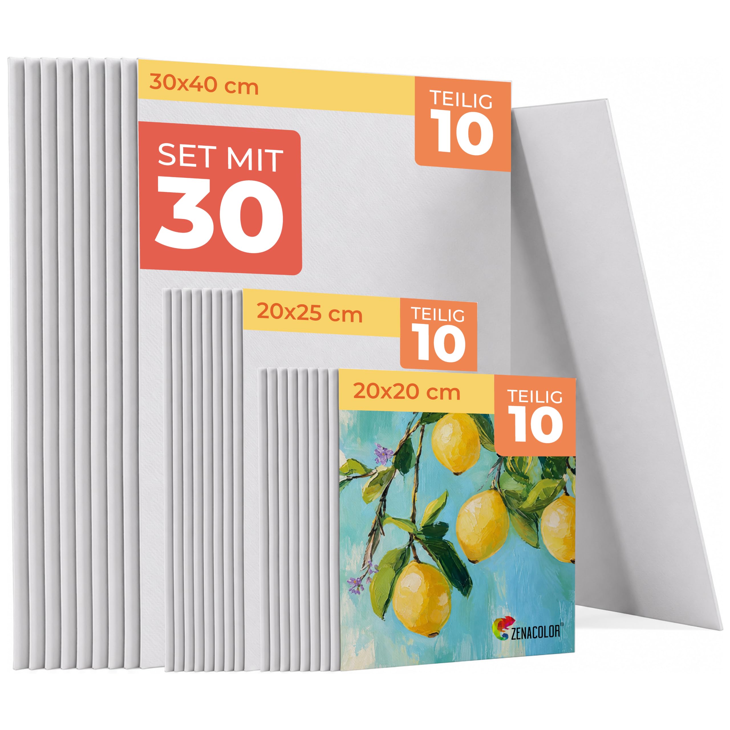 Zenacolor Leinwand Set 30 Stück 3 Größen Baumwolle 280 g/m² | Geeignet für Acryl, Öl & Gouache · Stabiler Keilrahmen · Gleichmäßige Oberfläche · Für Anfänger & Künstler · Sofort nutzbar