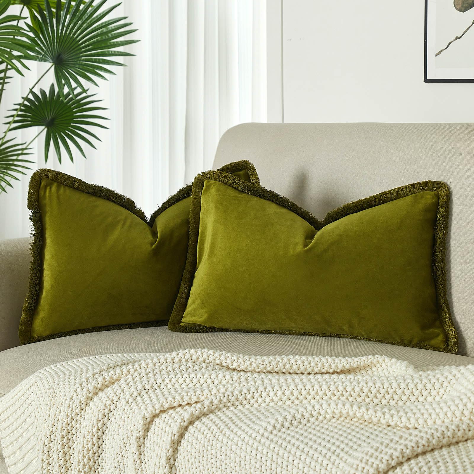 JUSPURBET Olive Green Decorative Velvet Fringe Throw Pillow Covers 16x24 Set of 2 Boho Soft Cushion Case for Home Decor Living Room Couch Sofa Bed — image 1
