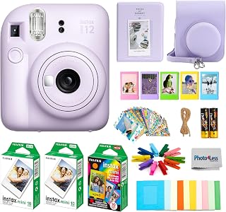 Fujifilm Instax Mini 12 Instant Camera Lilac Purple + 20 Film Sheets, 10 Rainbow Sheets & Stickers Bundle
