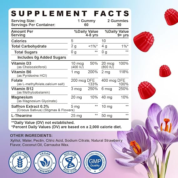 Saffron Gummies Kids with Magnesium L-Theanine Vitamin D3 B6 B12 Saffron for Kid Focus Mood Support Natural Saffrons Extract Supplement for Active Children Calm 60 Count Strawberry Sugar Free