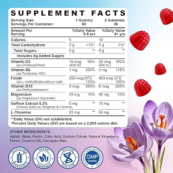 Saffron Gummies Kids with Magnesium L-Theanine Vitamin D3 B6 B12 Saffron for Kid Focus Mood Support Natural Saffrons Extract Supplement for Active Children Calm 60 Count Strawberry Sugar Free