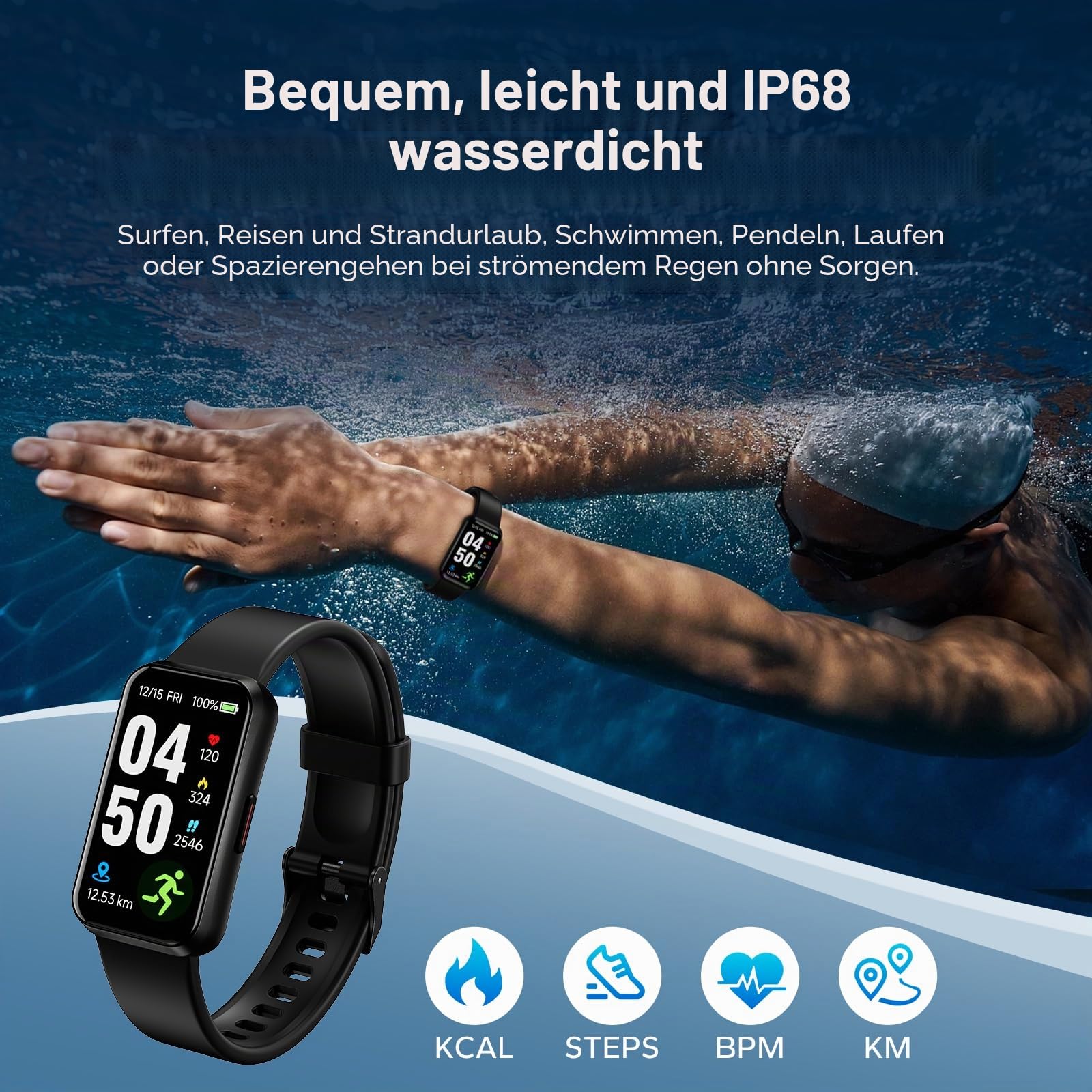 Fitness Trackers,1,47" OLED Display,5ATM IP68 Wasserdicht Fitnessuhr Armband, Aktivitätstracker mit 24h Herzfrequenz, Schlaf, Schrittzähler Smartband Herren Damen Uhr Sportuhr (Schwarz)