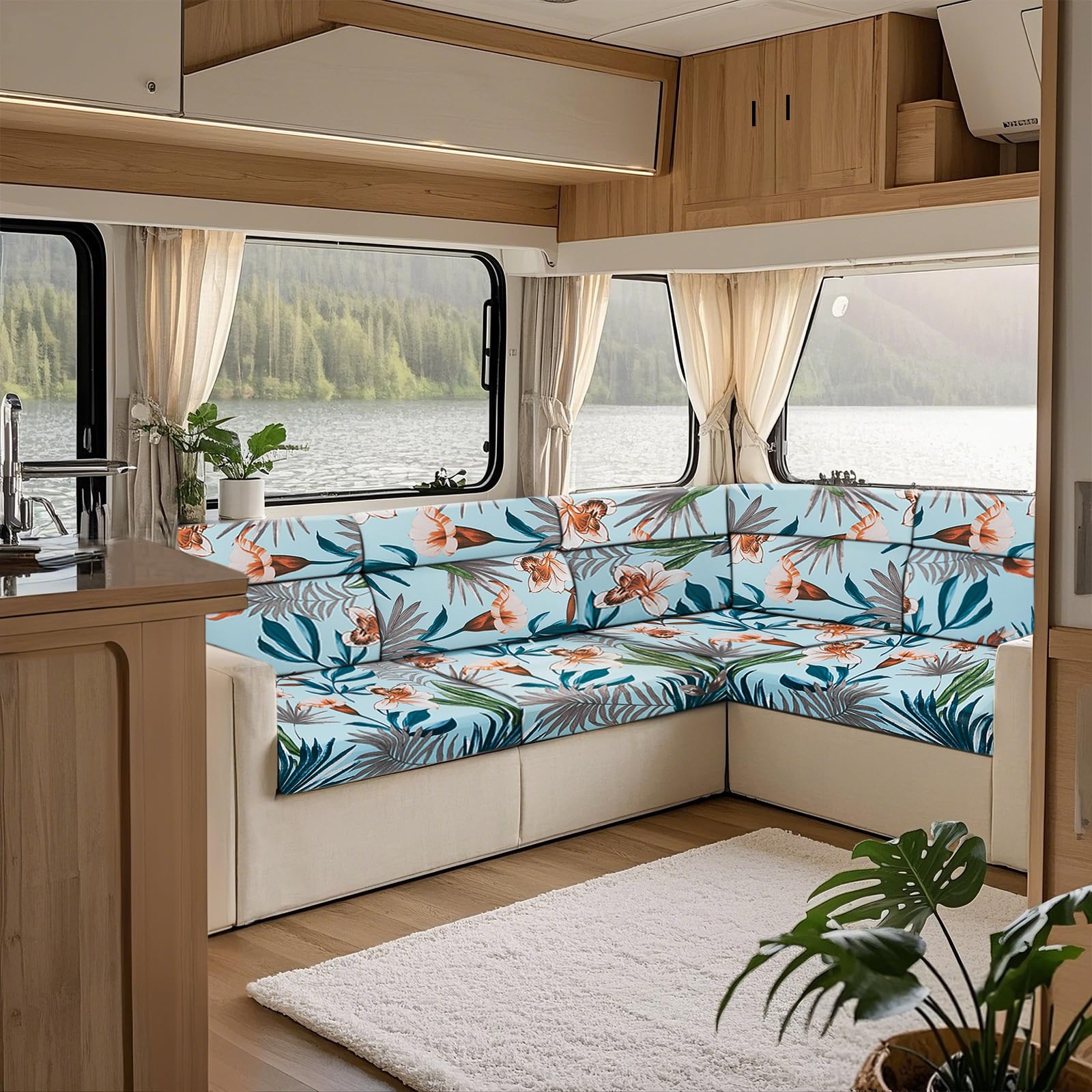 KYJSW Printed Sofa Seat Cushion Cover, Stretch Non Slip RV Dinette Cushion Covers With 2 Straps, For Couch/Caravan/Camper/Car/Bench (Light blue,W 165-200cm, D 65-95cm)