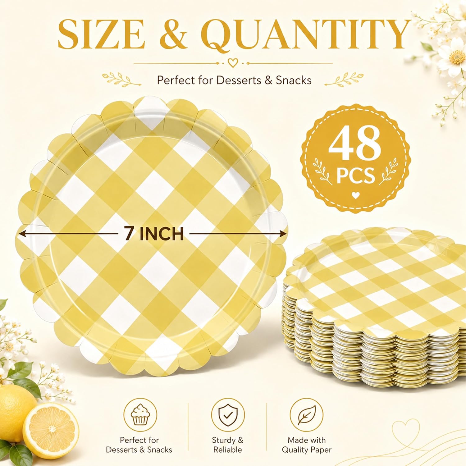 48 Pcs Light Yellow Gingham Party Supplies, 7 Inch Light Yellow and White Checkered Paper Plates, Disposable Plaid Tableware for Birthday Party, Picnic, BBQ, Summer Party and Family Gathering image 2