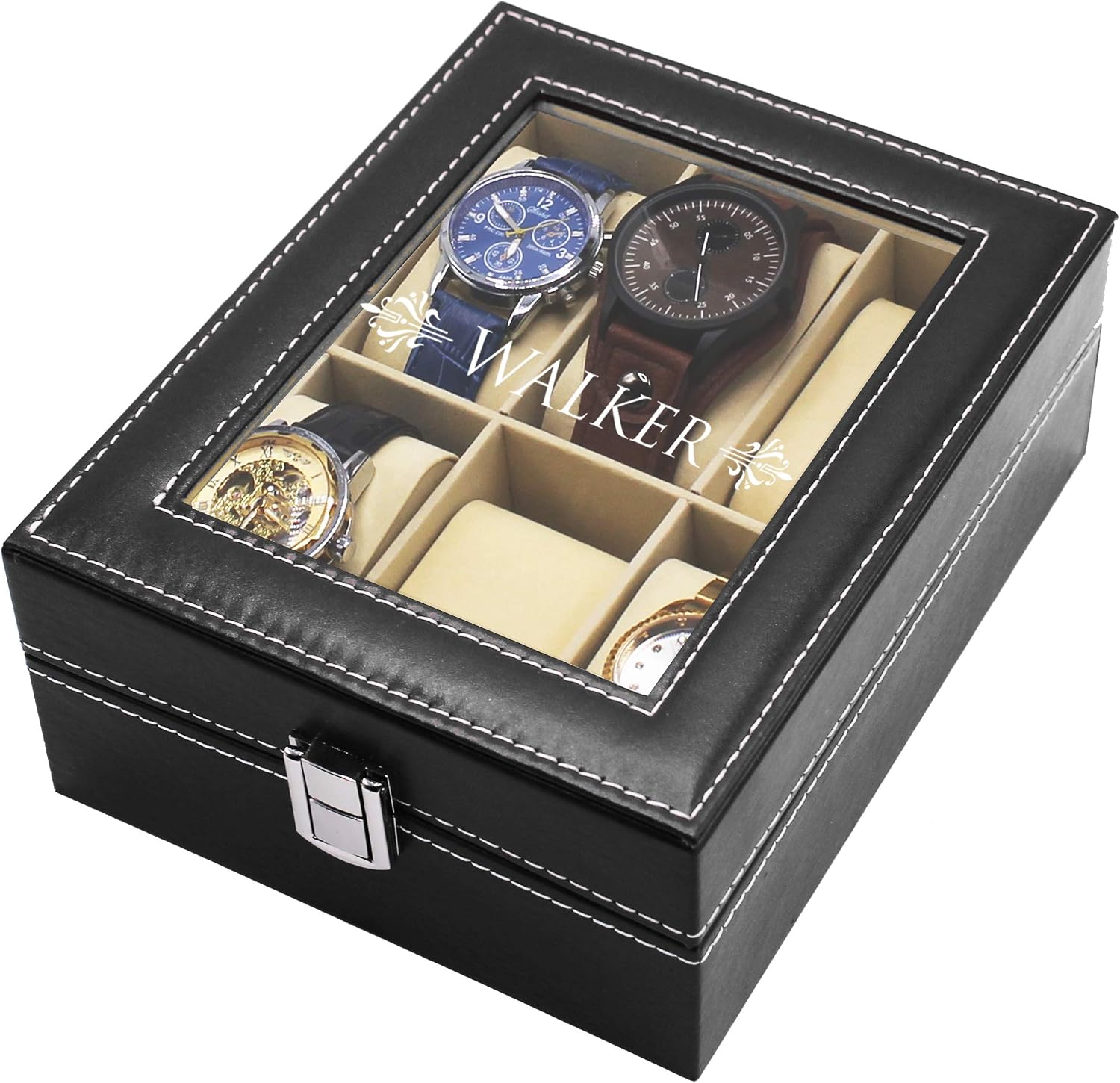 My Personal Memories Custom Personalized 6 Slot Watch Storage Box and Glass Display Case - Customized with Your Engraved Style Choice (Black)