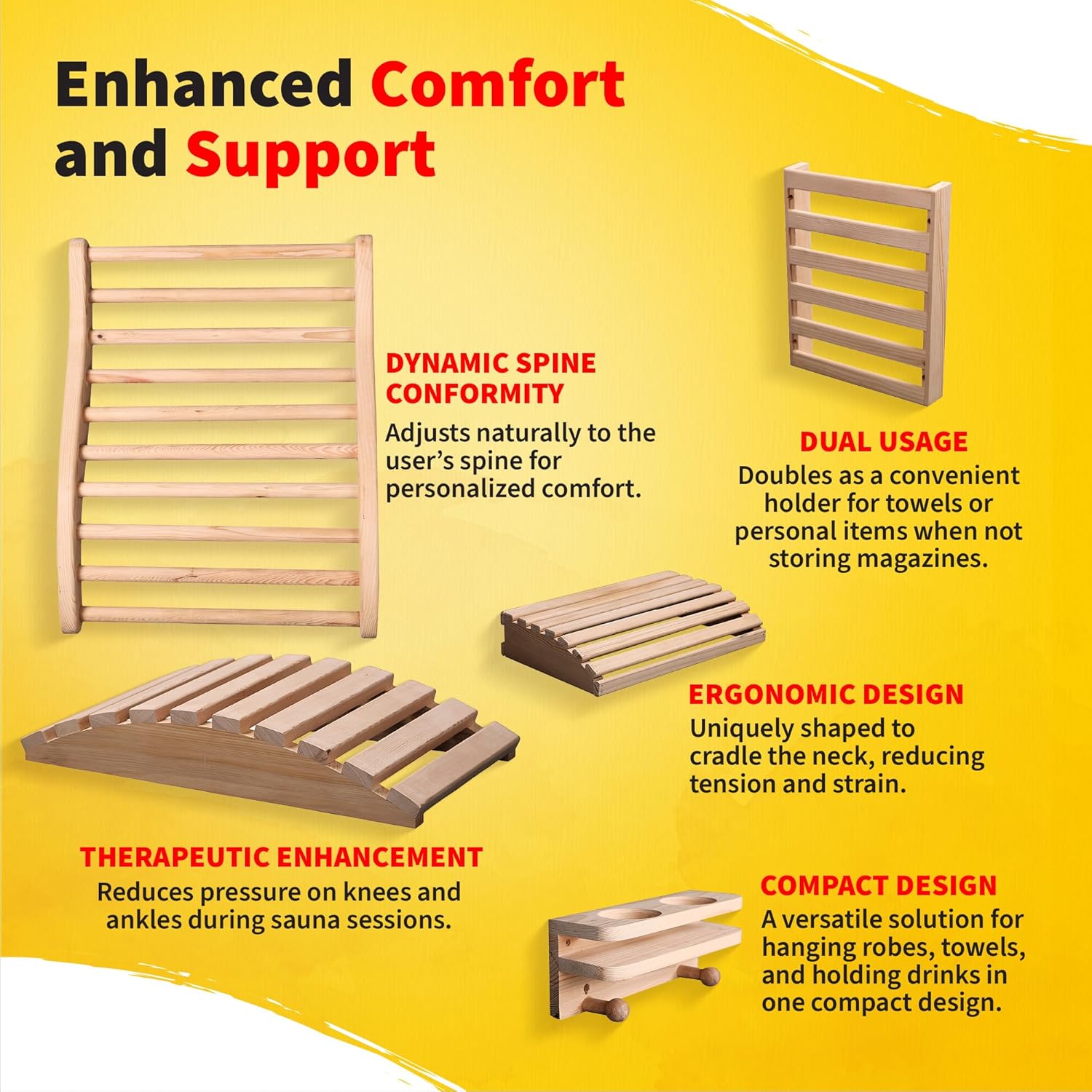 Radiant Saunas Heatwave Deluxe Infrared Wood Sauna Accessories Kit – Includes Sauna Backrest, Headrest, Leg Rest, Magazine Rack, & Drink/Robe/Towel Holder – Durable Hemlock Wood Sauna
