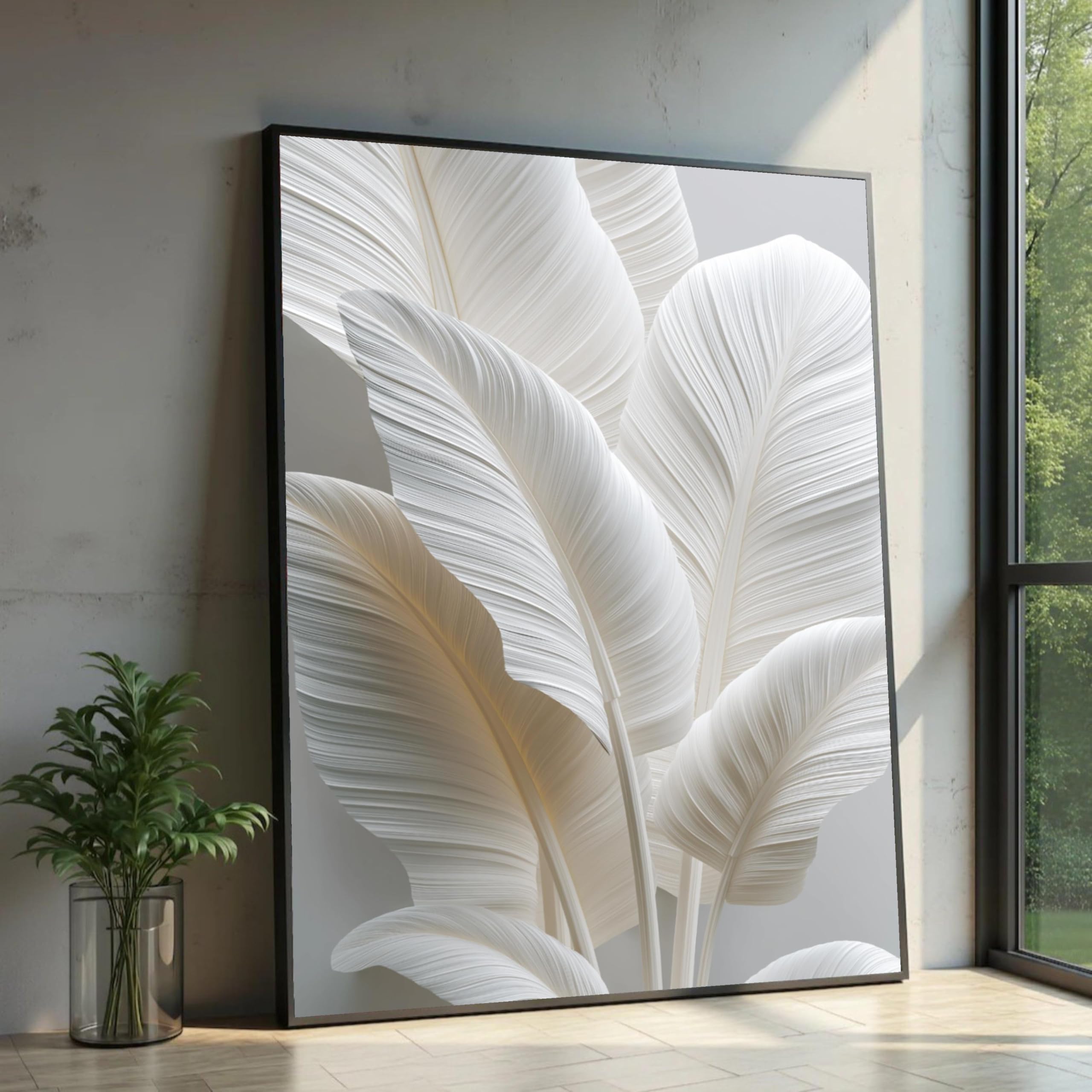 CAOXTART White Tropical Leaf Canvas Print, Minimalist Botanical Wall Painting, Large Canvas Wall Art, Home Wall Decor Mural(80x120cm/Frameless)
