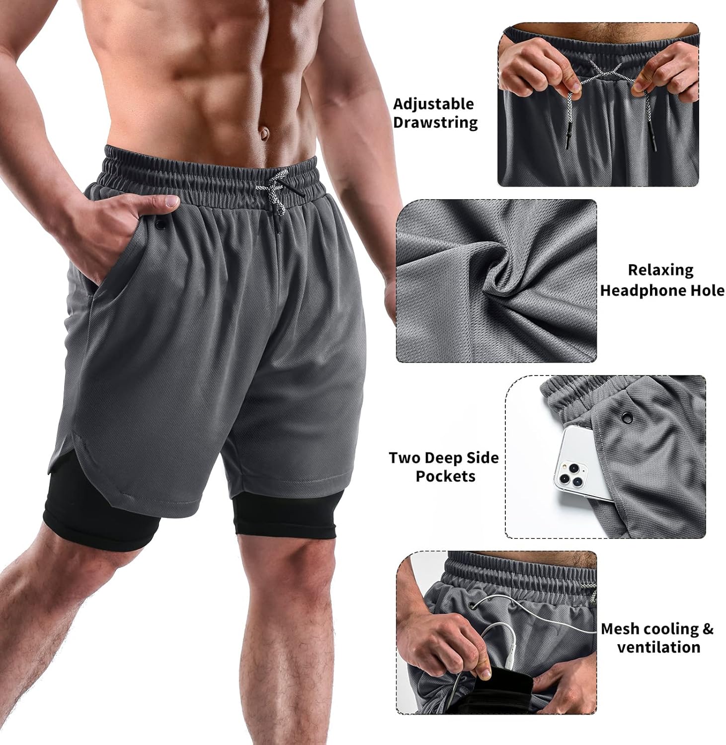 2 in 1 Mens Shorts Casual 2 Pack, Running Gym Shorts for Men 7 Inch, Workout Shorts Men with Pockets &Towel Loop - Image 4