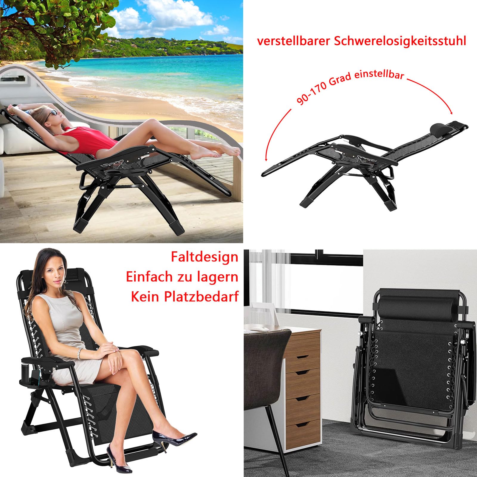 TYGYSDO Sedie A Sdraio Pieghevoli,Sdraio Da Giardino Pieghevole con Imbottita,Poltrona Relax Sdraio Zero Gravity,Sedia Giardino Da Esterno Portata 200 Kg,Sdraio con Poggiapiedi Balcone Reclinabile