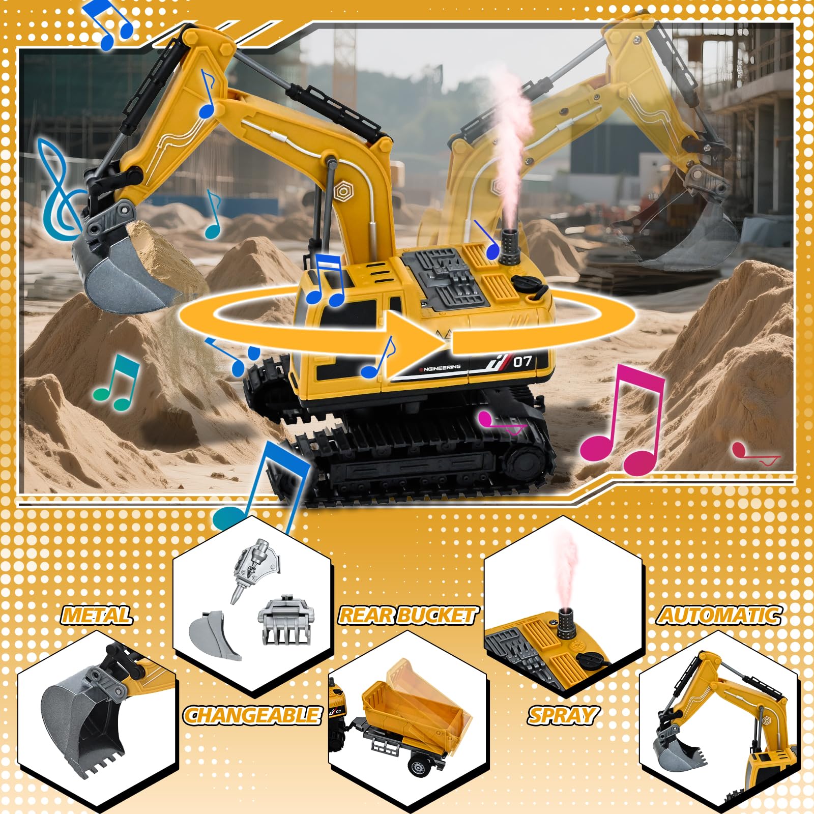 PATEMZON Excavatrice Télécommandée pour Enfants, Tractopelle Telecommandé avec Remorque, Bois et Pierres, Rechargeable RC Pelleteuse, Pelleteuse Télécommandée Cadeau de Noël Enfant 3-8 Ans
