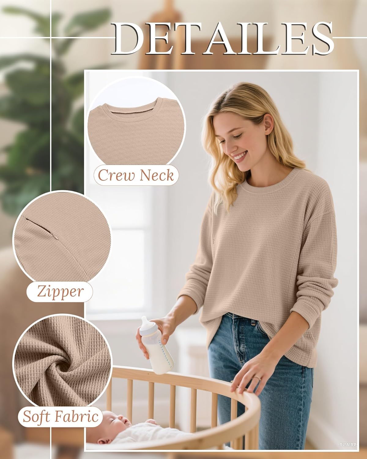 3 Pack Women's Oversized Nursing Tops, Waffle Knit Breastfeeding Zipper Sweatshirt Long Sleeve Maternity Shirts - Image 4