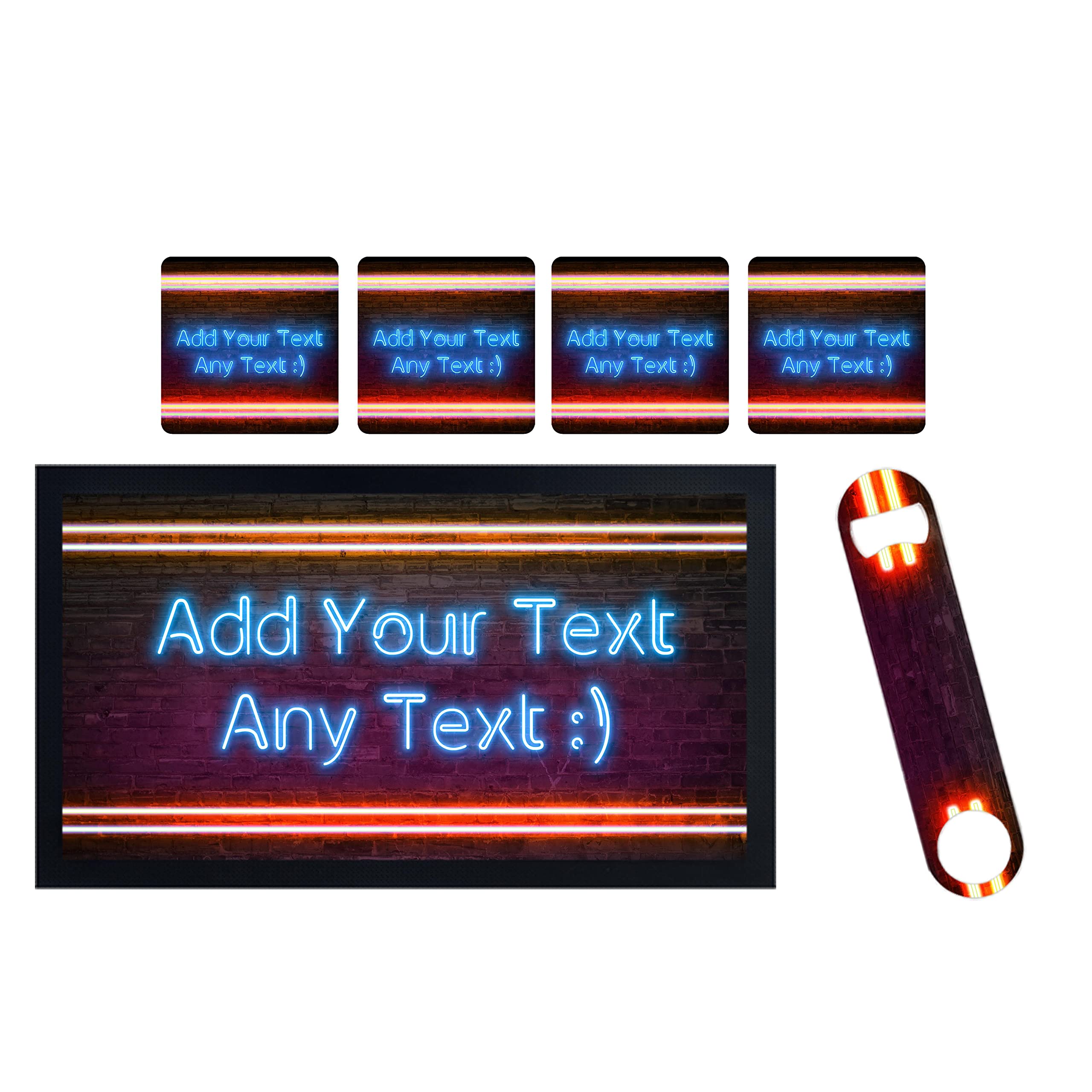 ShopQuality4U Personalise Cocktail Bar Runner Mat, optional: Matching Bottle Opener & 4x Drinks Coasters, Gift Set | Beer Gifts Home Bar Accessories for Pub Bars Man Cave Him Her Gin Oclock