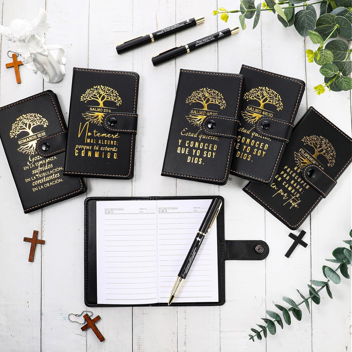 Spakon 30 Sets Christian Mothers Day Gifts for Women Men Bulk Religious Leather Notebook Prayer Journal Pen Church Gift Bible Study Scripture Mom Grandma Dad Favors (Spanish Tree of Life,Black)
