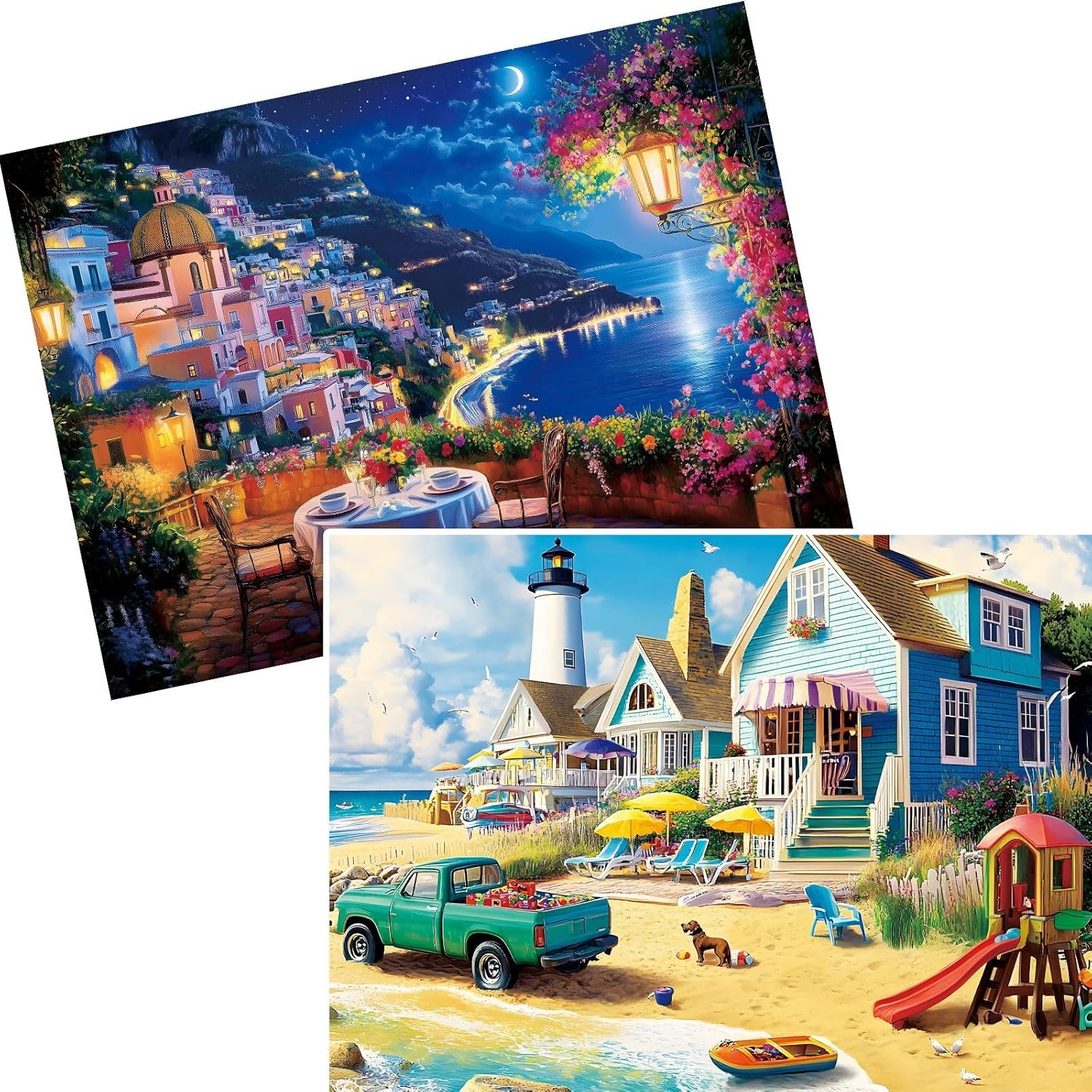 2-Pack 300 Pieces Puzzles for Adults, Night Scene of The City Puzzles 300 Pieces Beach Scenery Jigsaw Puzzles for Adults, Birthday Party for Family Kids, Game Nights Gifts