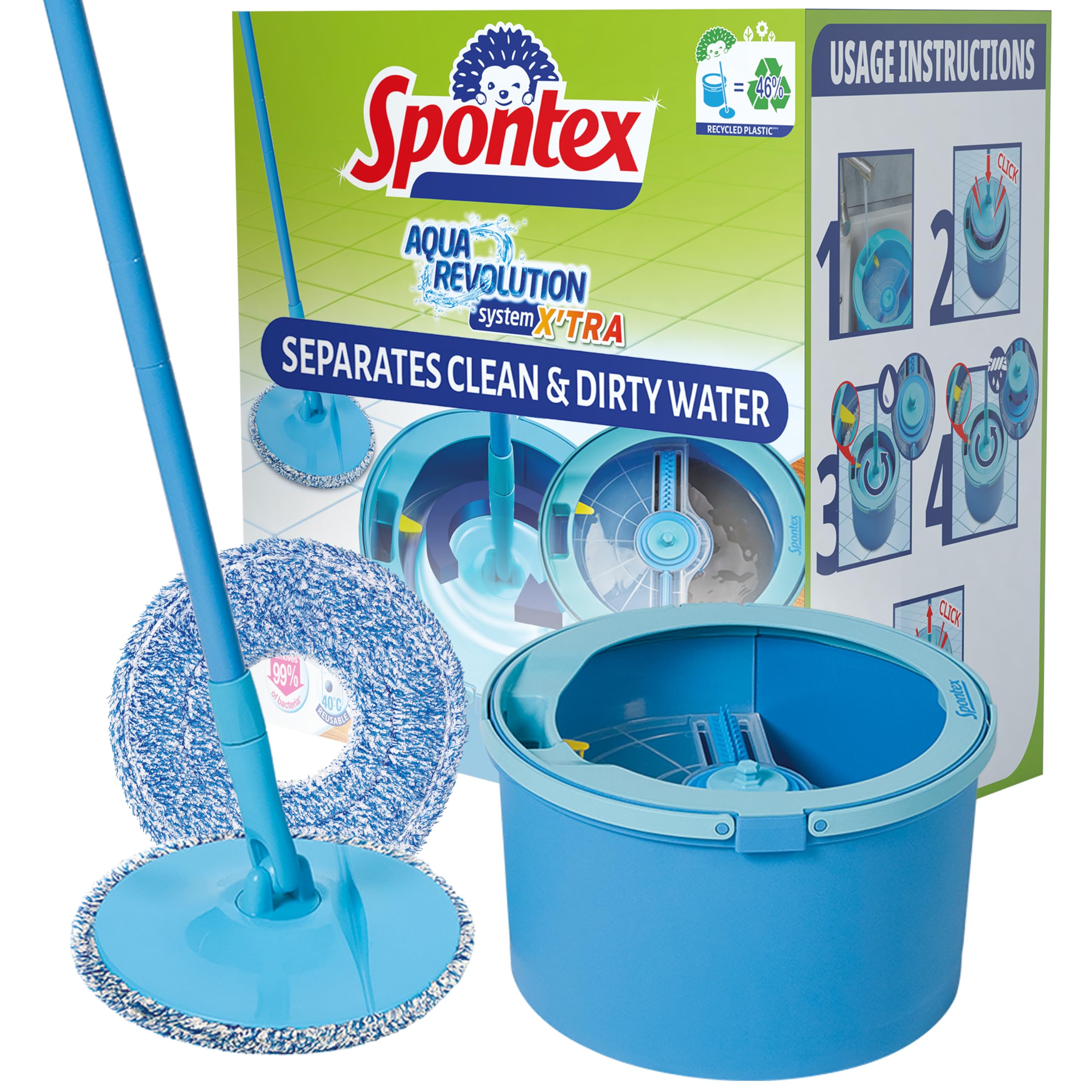 Spontex Aqua Revolution System X'tra Bodenwischer- und Eimerset mit kostenlosem Ersatzbezug | Trennt sauberes und schmutziges Wasser| Mopp mit Drehgelenk und Mikrofaser-Ersatzbezügen