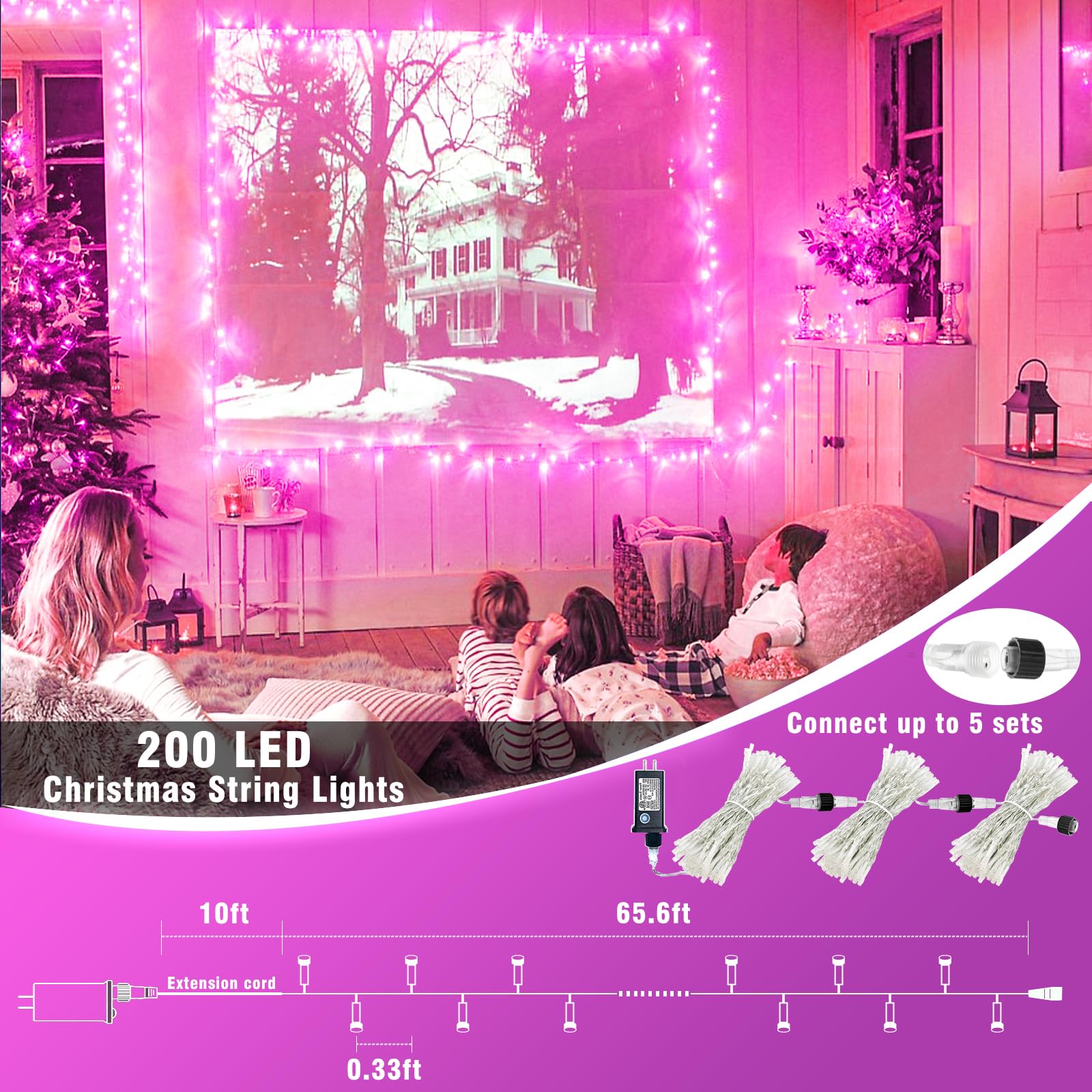 200 LED Pink String Lights Indoor Valentines Day Decorations, 66