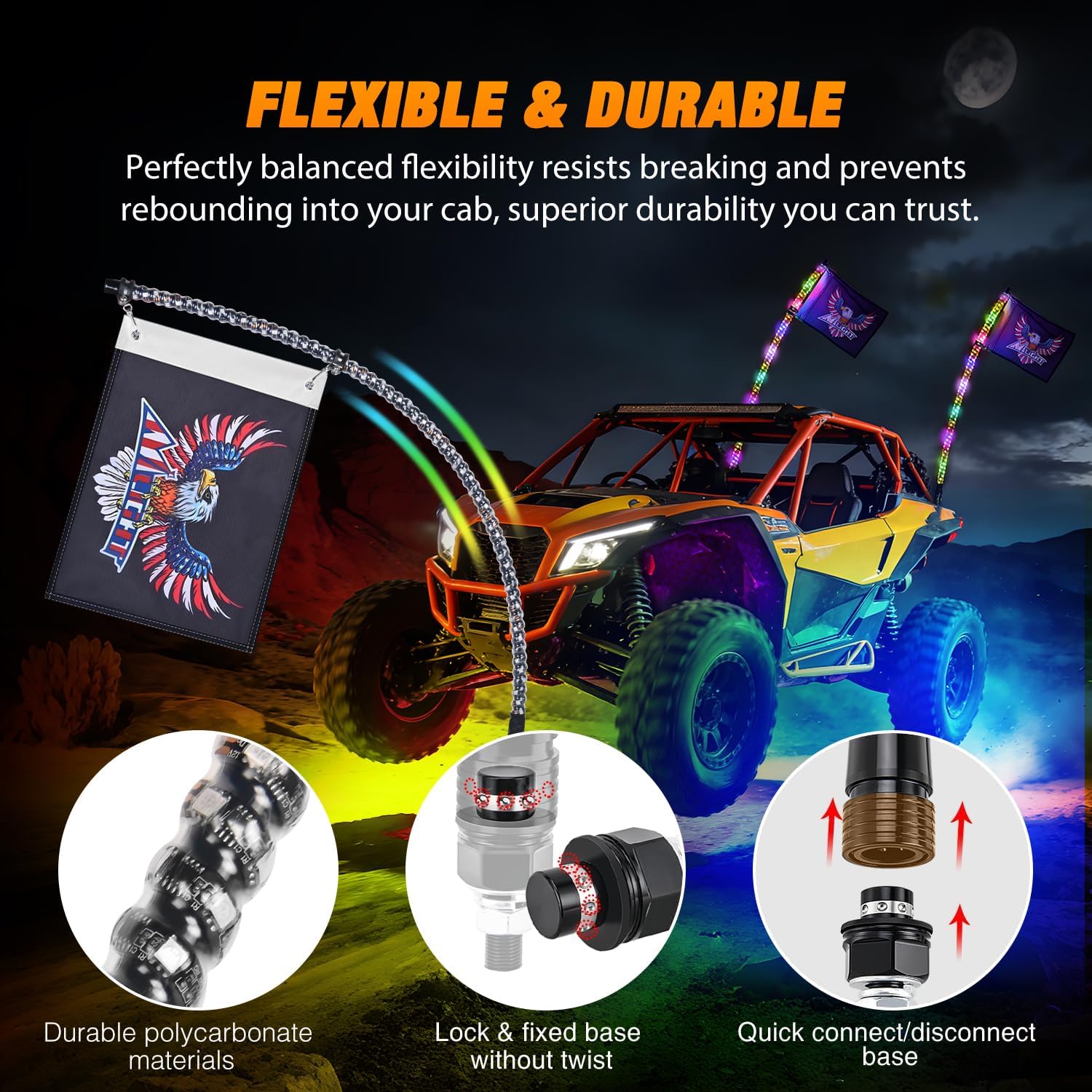 Nilight 2PCS 3FT RGB LED Whip Light and 6 PCS Rock Lights Combo Remote App Control w/DIY Chasing Patterns Stop Turn Reverse Modes Safety Antenna Whips for ATV UTV Polaris RZR Can-am Dune Buggy Jeep