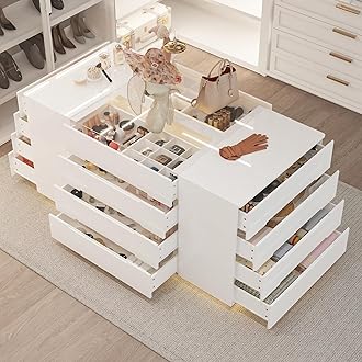 63" W Closet Island with 16 Drawers, Glass Top & Lights, Modern Wooden Armoire Wardrobe Island with Drawer Organizers & Glossy Finish for Walk-in Closet Bedroom, White
