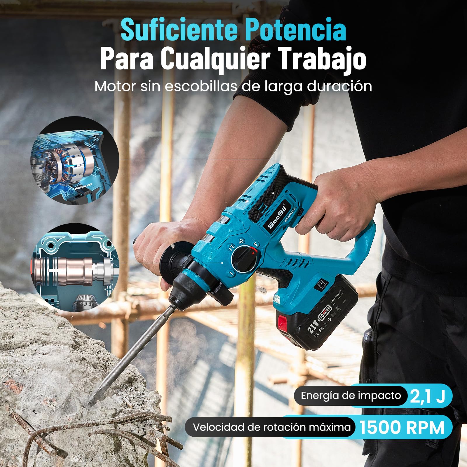 Seesii 4-in-1 Martillo Perforador a Bateria: SDS-plus, 2 x 4.0Ah Baterías, Motor sin Escobillas, 2.1J Juego de Martillo Percutor, en Renovaciones Domésticas y Para Aficionados al Bricolaje