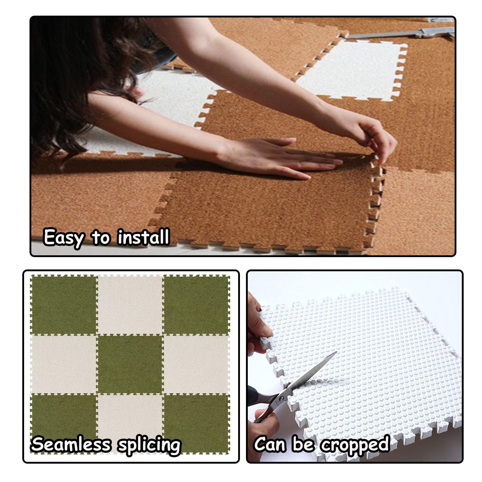 Krótki pluszowy dywanik podłogowy typu puzzle, 10 sztuk, typ puzzli, kwadratowy, przeplatany, odpowiedni na wszystkie pory roku, czarny