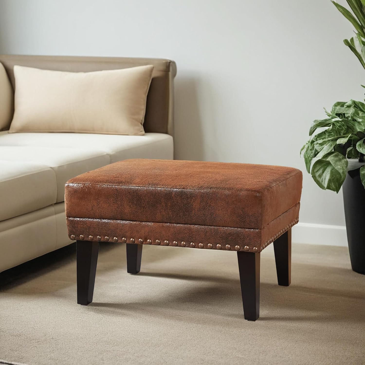 Mid-Century Modern Accent Chairs with Ottoman Footstool Set, Wingback Club Chair with Footrest Set, Nailhead Trim | Solid Wood | Vintage Distressed, Including Chair and Ottoman