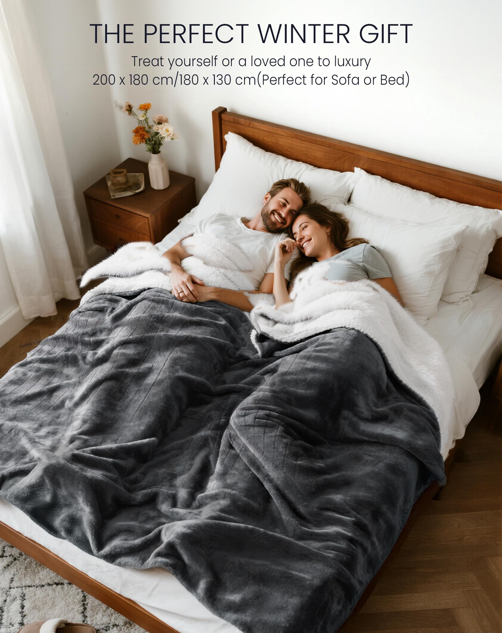 anysun Coperta Termica 200x180 cm, Coperta Elettrica Matrimoniale con Timer 1-10h e Autospegnimento, 6 Livelli di Temperatura, Flanella e Simil Pelliccia di Coniglio, Lavabile in Lavatrice