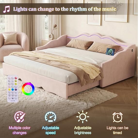 ModernLuxe 3FT Single Bed Frame, Upholstered Day Bed with Trundle, Extends to 180 cm, Velvet Sofa Bed with LED Lighting & USB Port, Pink