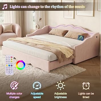 ModernLuxe 3FT Single Bed Frame, Upholstered Day Bed with Trundle, Extends to 180 cm, Velvet Sofa Bed with LED Lighting & USB Port, Pink