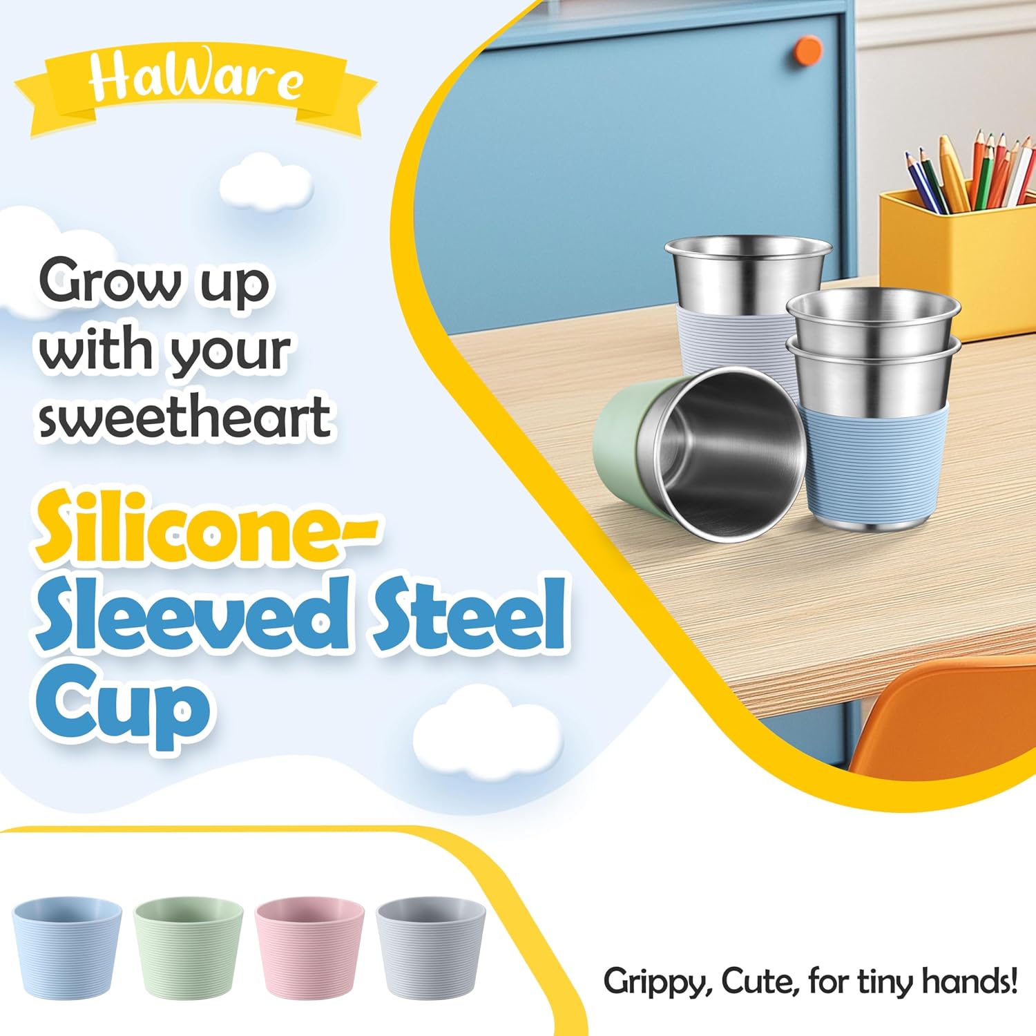 HaWare Stainless Steel Kids Cups with Silicone Sleeves, 8oz Metal Tumbler