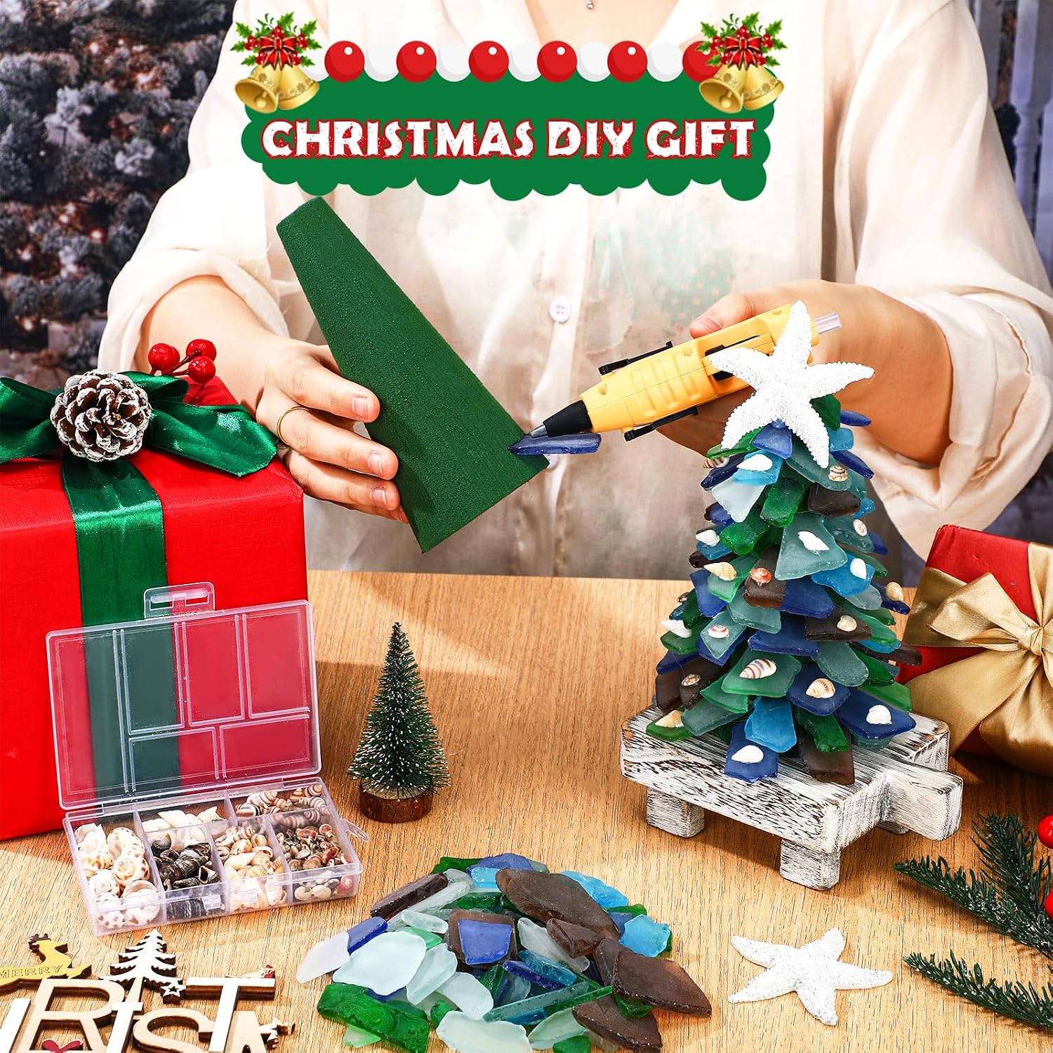2 Pack DIY Sea Glass Christmas Tree Handmade Kit Tabletop Shells Beach Christmas Trees Handcrafted Coastal Xmas Decor for Ocean Birthday Party Table Centerpiece(6.3'' X 2.76'')